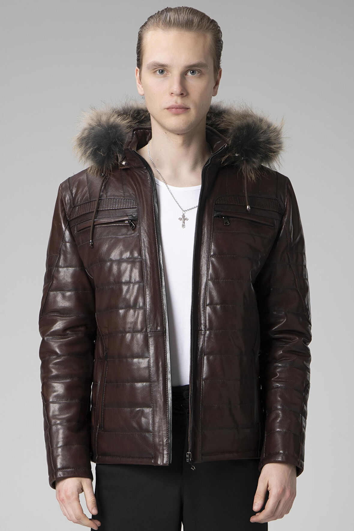 DERİCLUB E1039 Kapüşonlu VEJETAL Gerçek Deri Erkek Mont