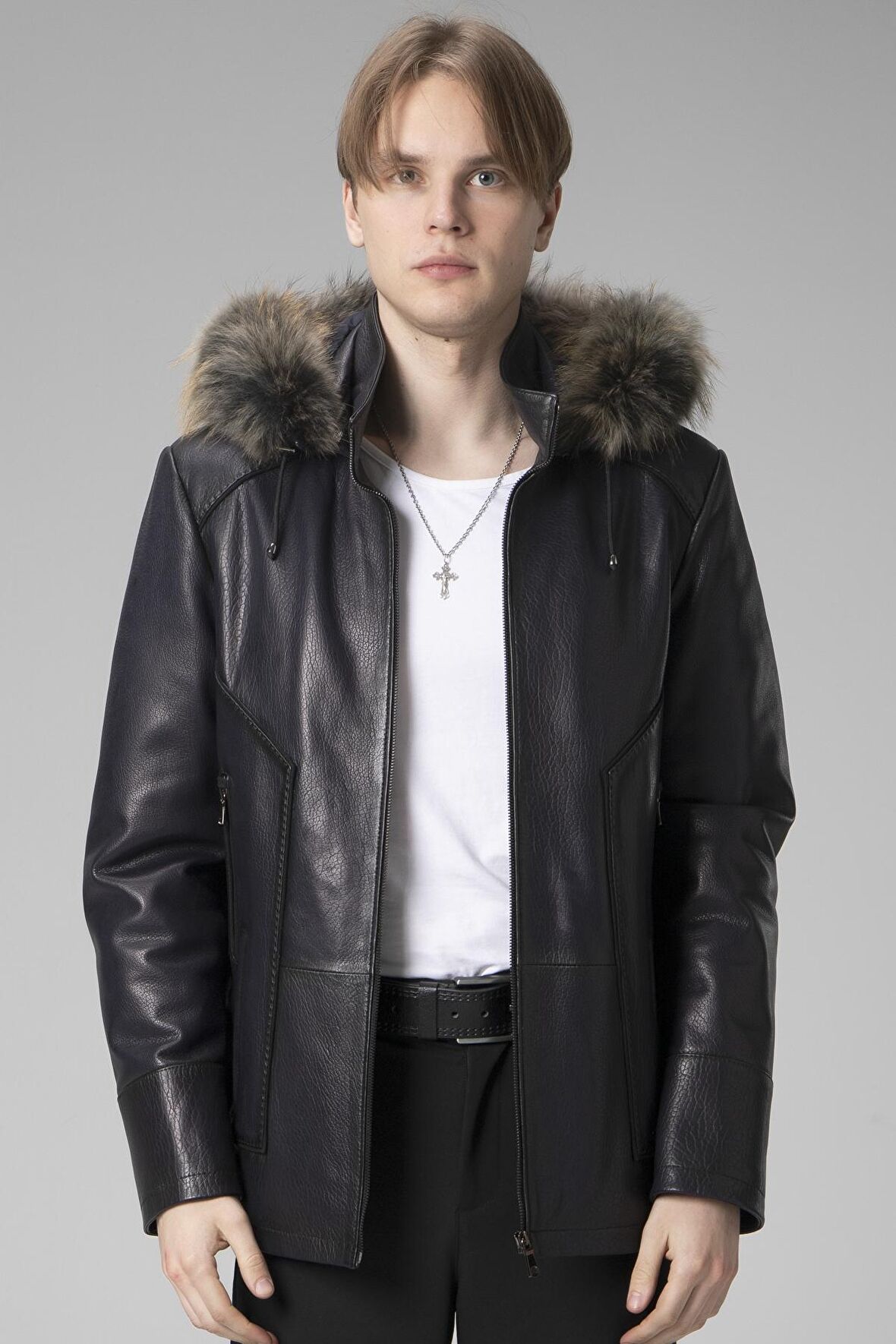 DERİCLUB E2218 Kapüşonlu JUMBO Gerçek Deri Erkek Kaban