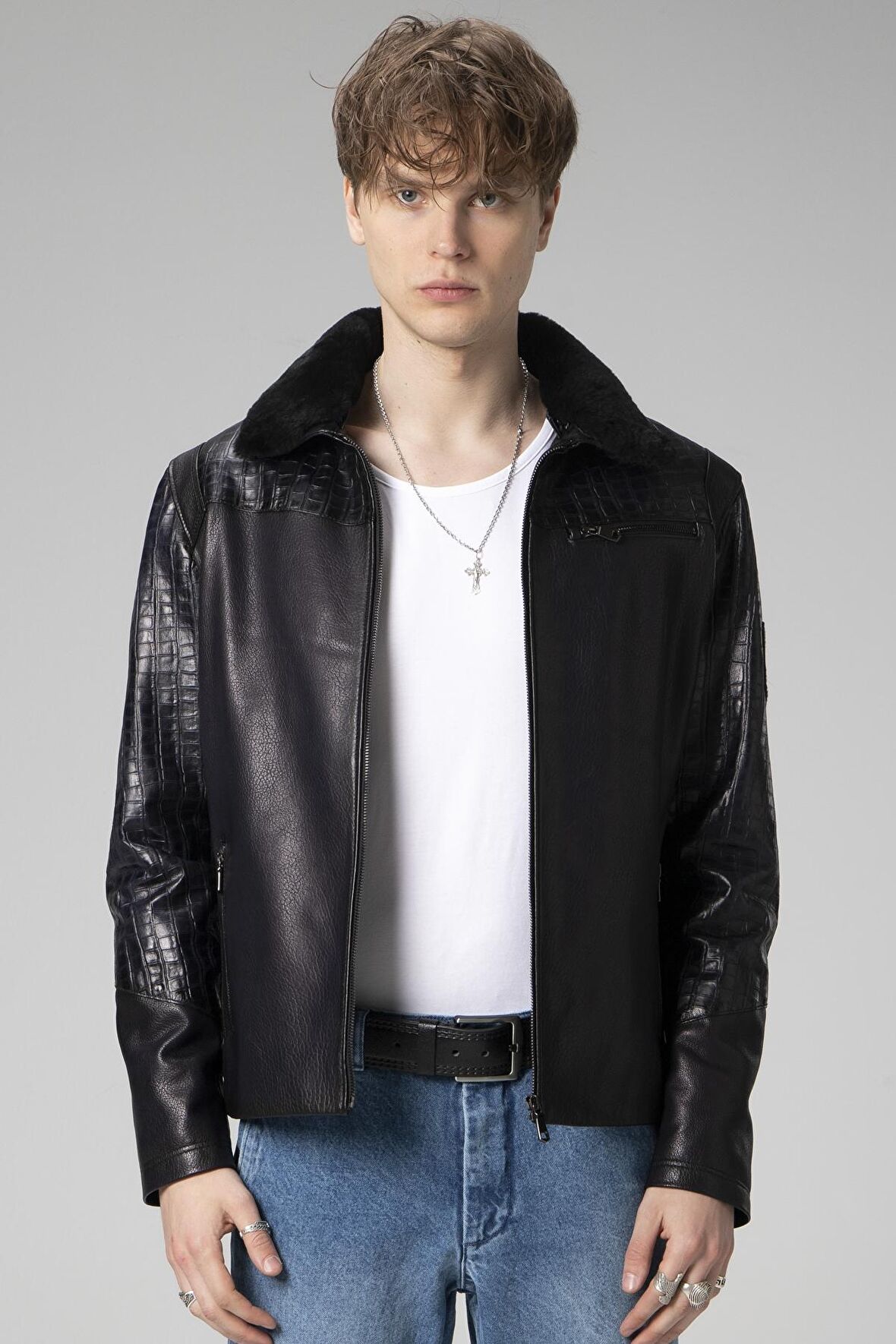 DERİCLUB WM249 JUMBO Yaka Kürklü Gerçek Deri Erkek Mont