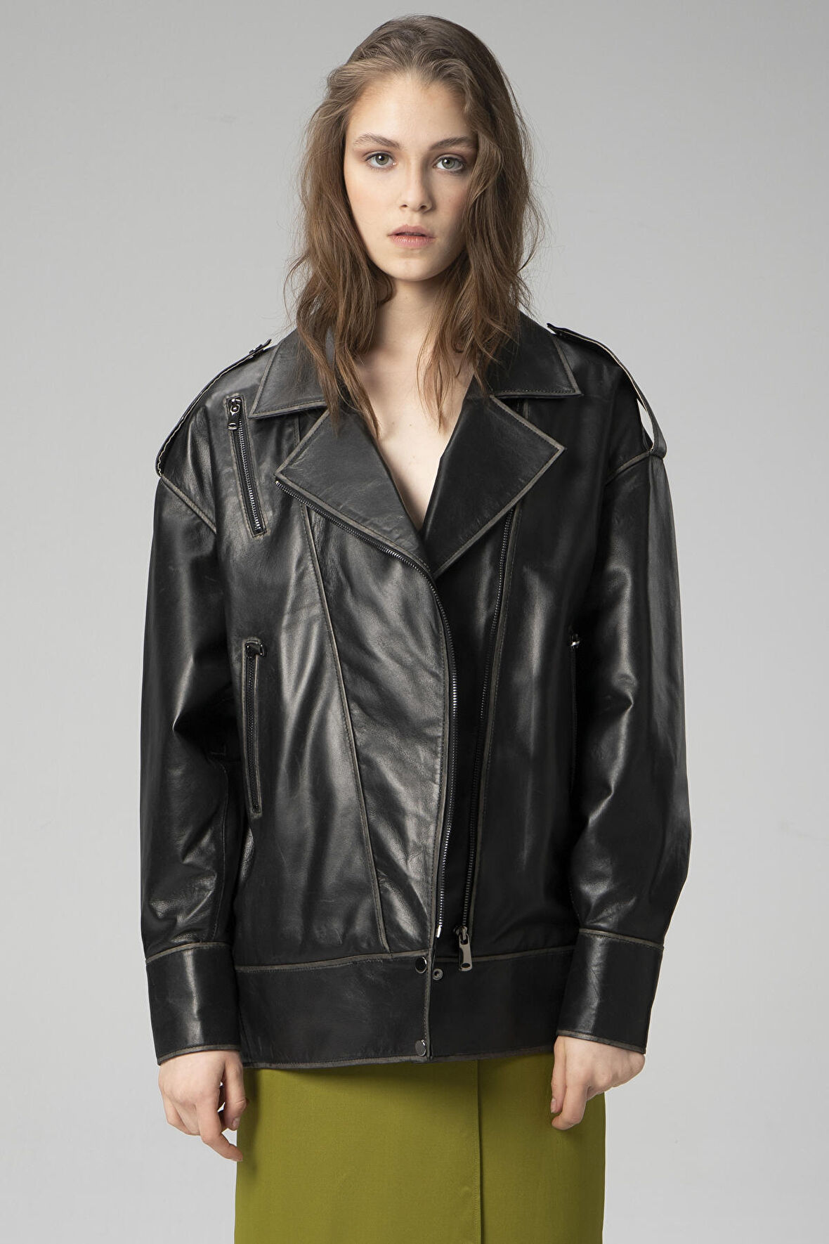 DERİCLUB WM019 Oversize Biker Hakiki Deri Kadın Mont