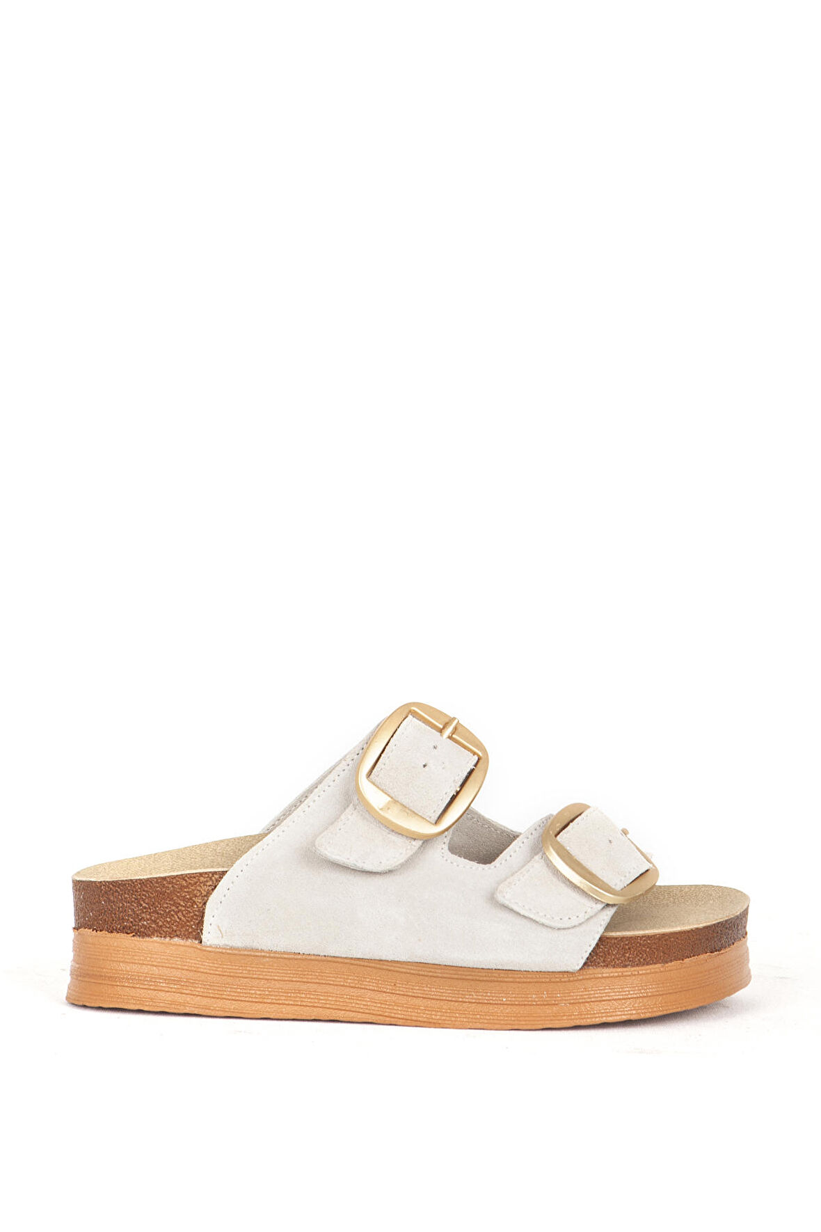 DERİCLUB Kadın Çift Bantlı Tokalı Terlik Gerçek Süet Deri ZY 7774 BEJ