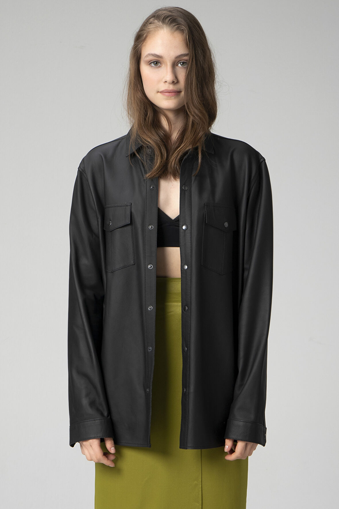 DERİCLUB WM201W TAFTA Kadın Gerçek Deri Gömlek SİYAH