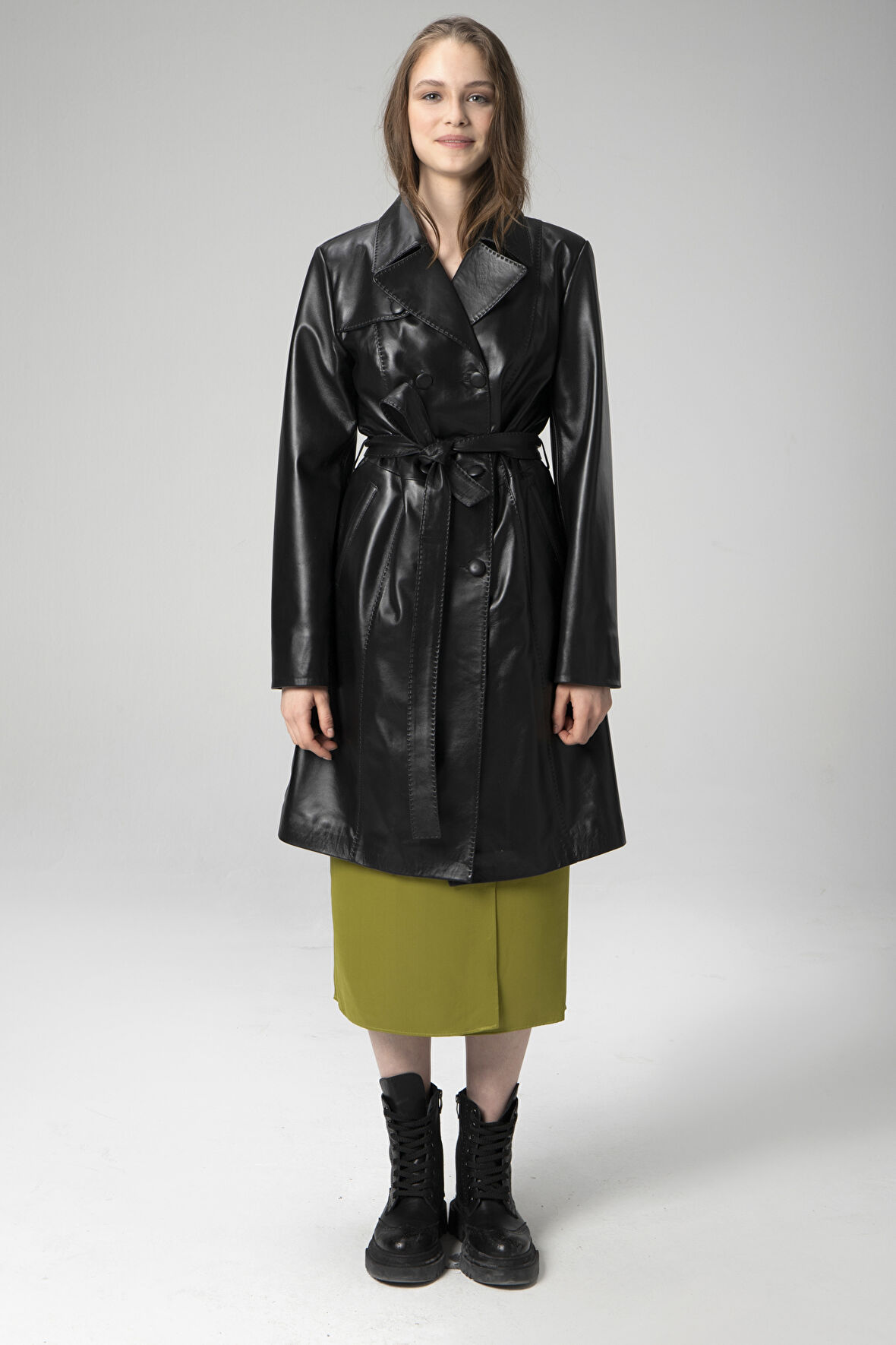 DERİCLUB Paris Kadın Kemerli Düğmeli Kruvaze Yaka Trençkot Hakiki Deri SİYAH