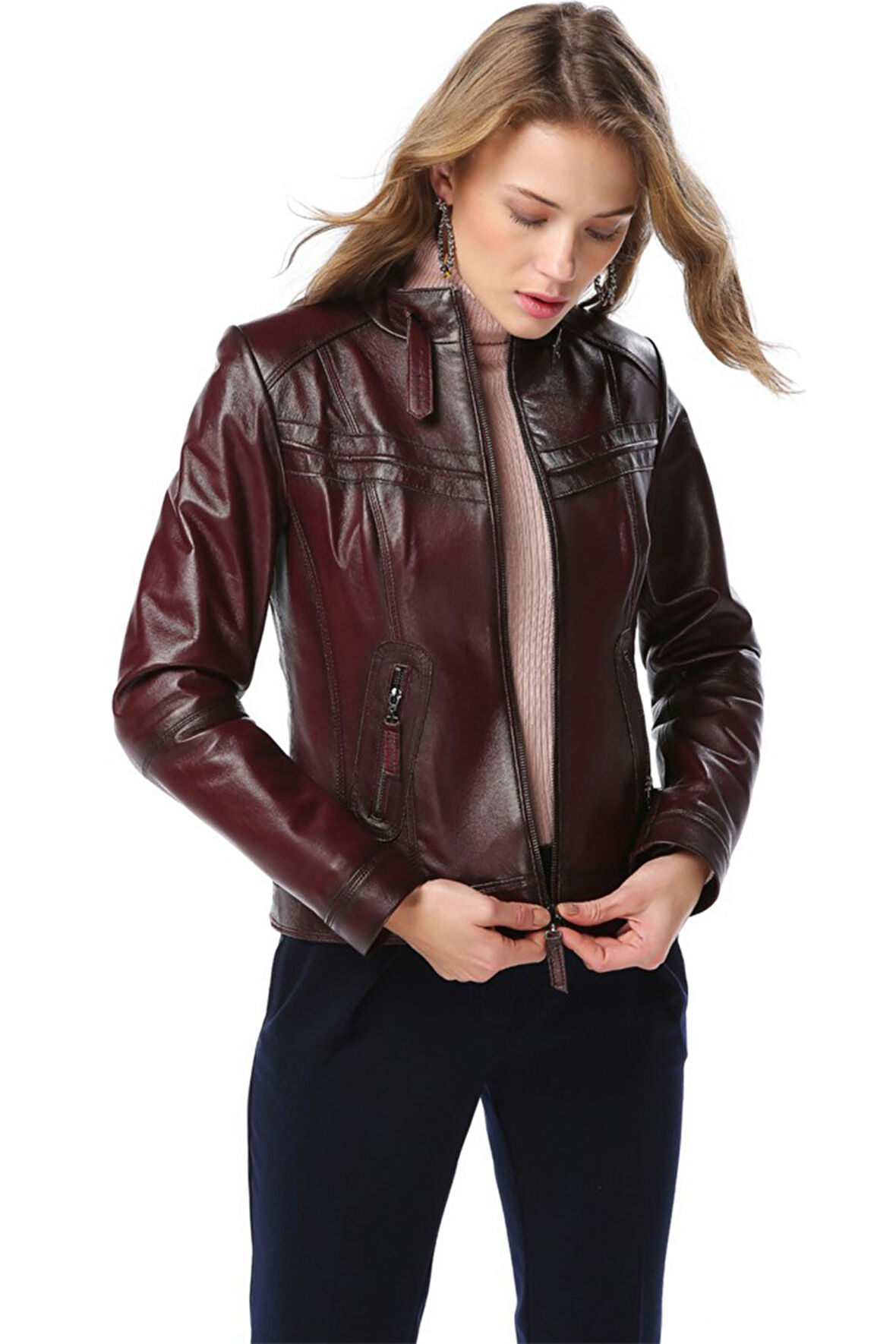 DERİCLUB Siena Kadın Slim Fit Hakiki Deri Mont BORDO