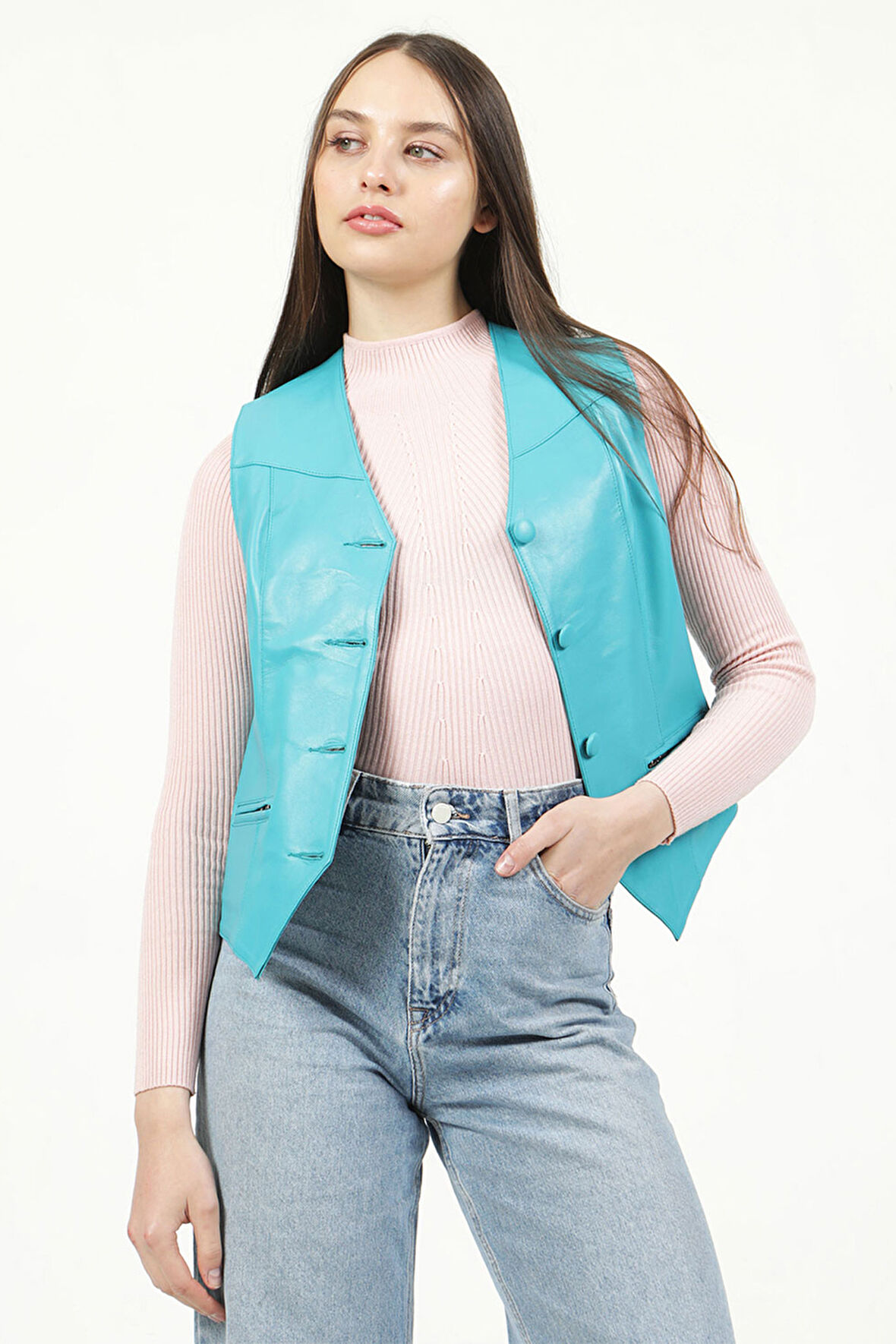 DERİCLUB Vittoria Kadın Düğmeli Slim Fit Hakiki Deri Yelek TURKUAZ