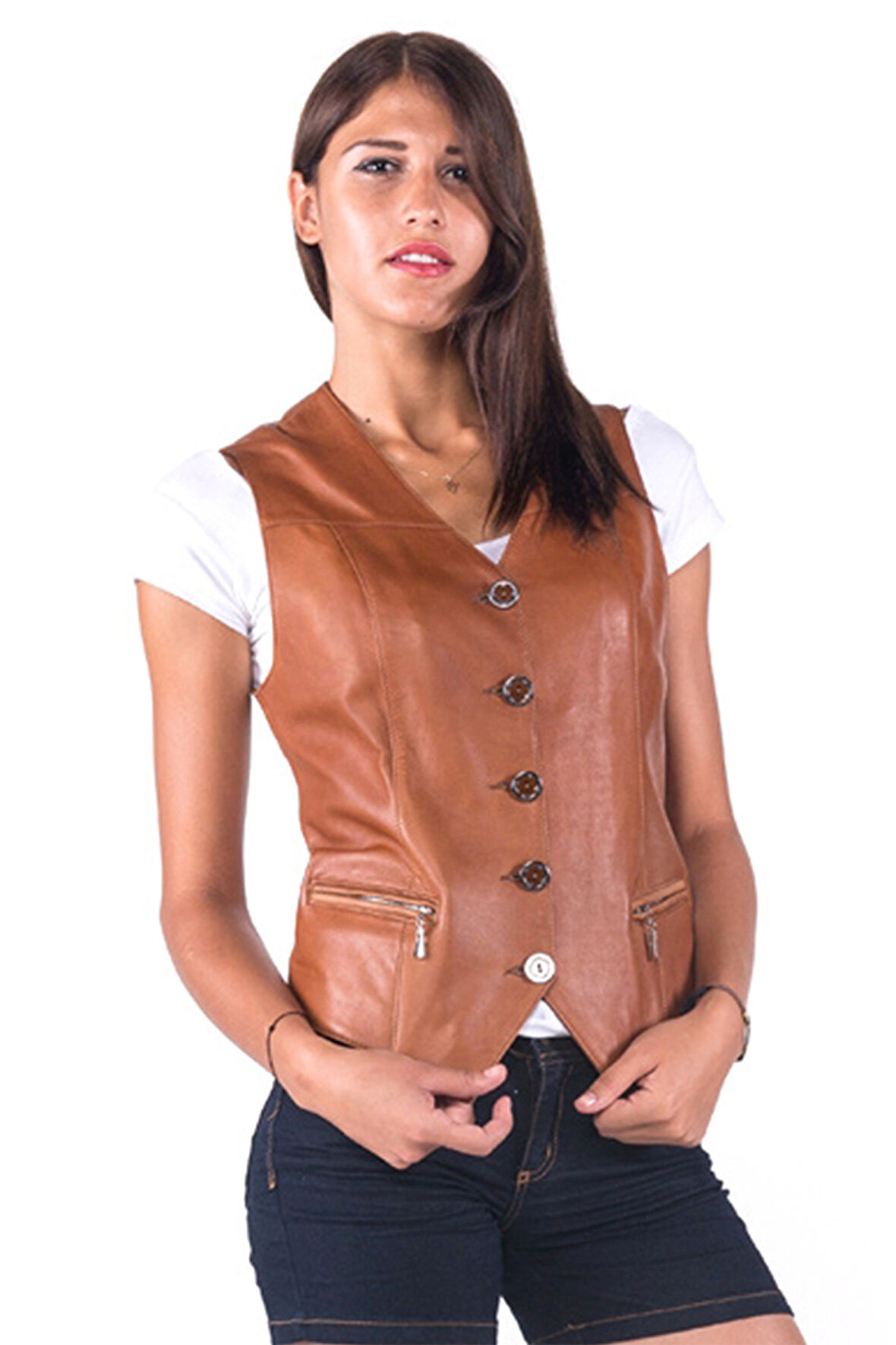 DERİCLUB Vittoria Kadın Düğmeli Slim Fit Hakiki Deri Yelek VİSKİ