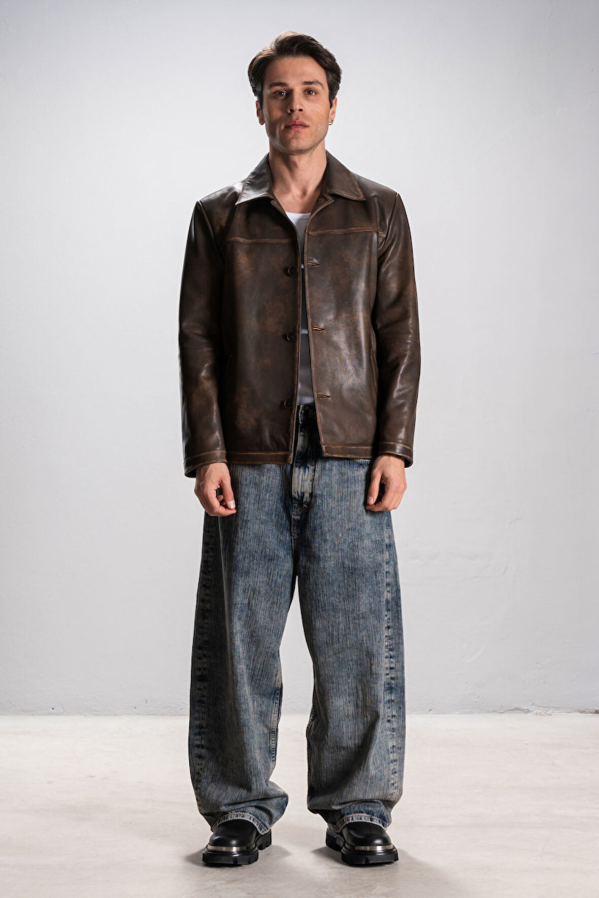 Hannover Erkek Gömlek Yaka Düğmeli Klasik Hakiki Deri Ceket TABA