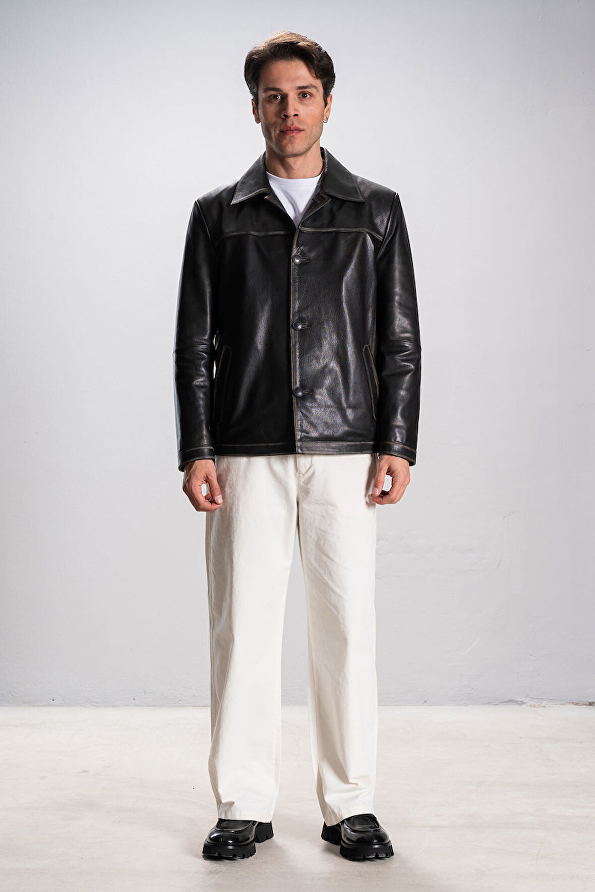 Hannover Erkek Gömlek Yaka Düğmeli Klasik Hakiki Deri Ceket GRİ