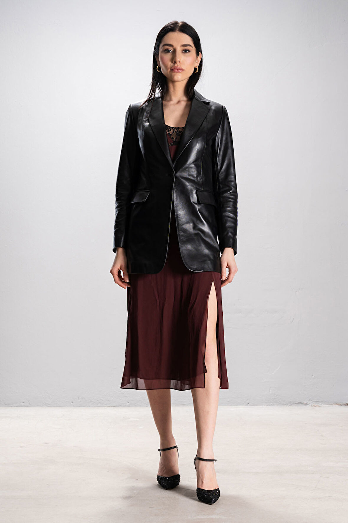 DERİCLUB Gloria Kadın Ceket Yaka Tek Düğmeli Gerçek Deri Blazer Ceket SİYAH