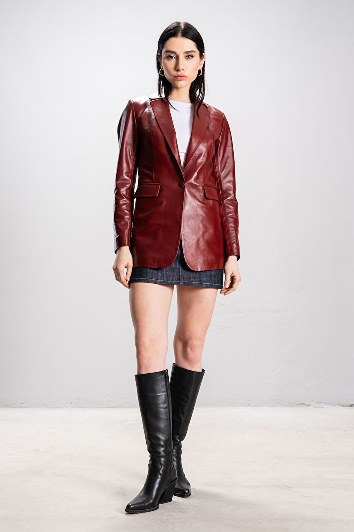 DERİCLUB Gloria Kadın Ceket Yaka Tek Düğmeli Gerçek Deri Blazer Ceket ÖK.BORDO