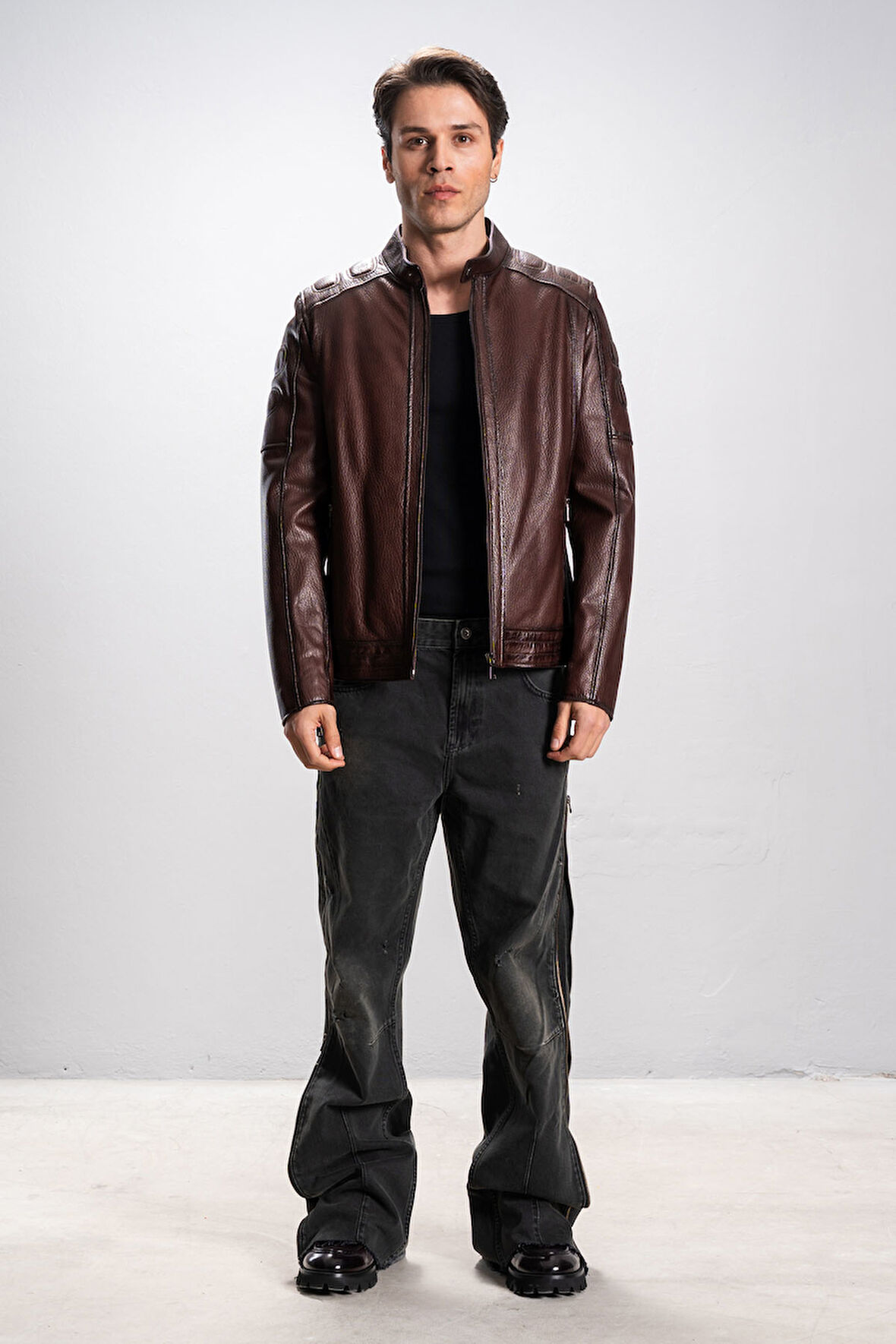 DERİCLUB Keigo Erkek Dik Yaka El Yapımı Motorcu Gerçek Deri Mont KAHVERENGİ