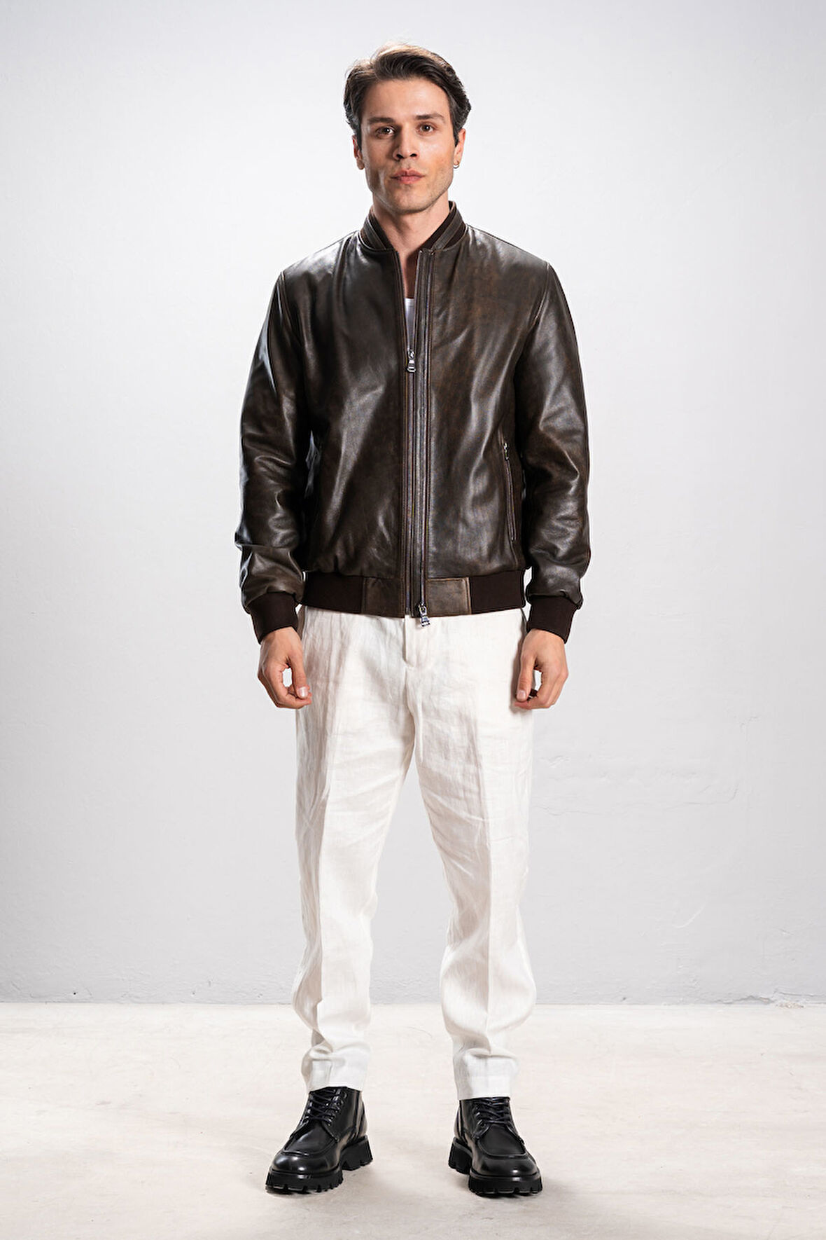 DERİCLUB Lucca Erkek Jumbo Kolej Hakiki Deri Mont SİYAH/TABA