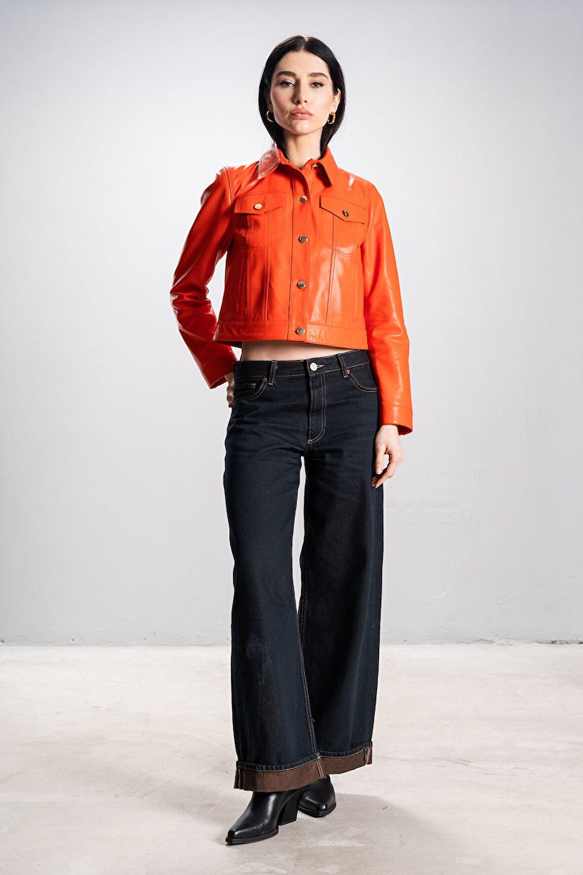 DERİCLUB Cardi Kadın Cropfit Gerçek Deri Mont ORANJ