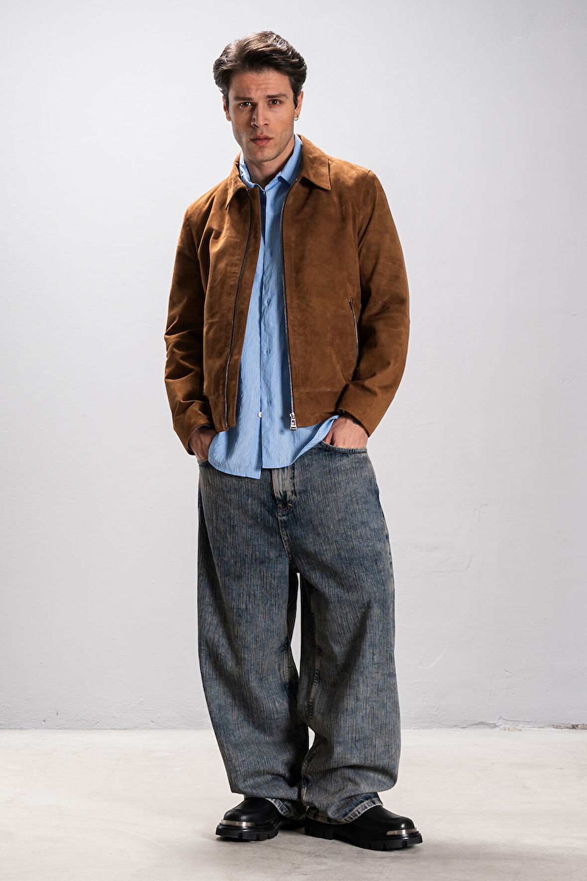 DERİCLUB Girona Erkek Gömlek Yaka Slim fit Gerçek Deri Süet Mont TABA