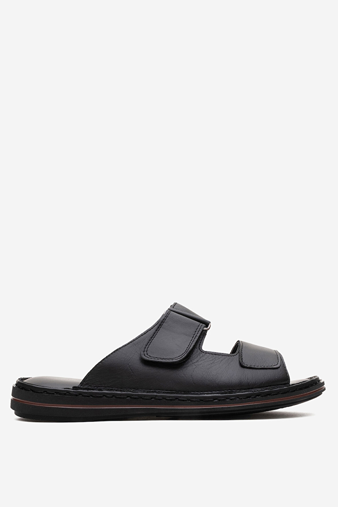 DERİCLUB Erkek Çift Bantlı Terlik Gerçek Deri DC 1182 SİYAH