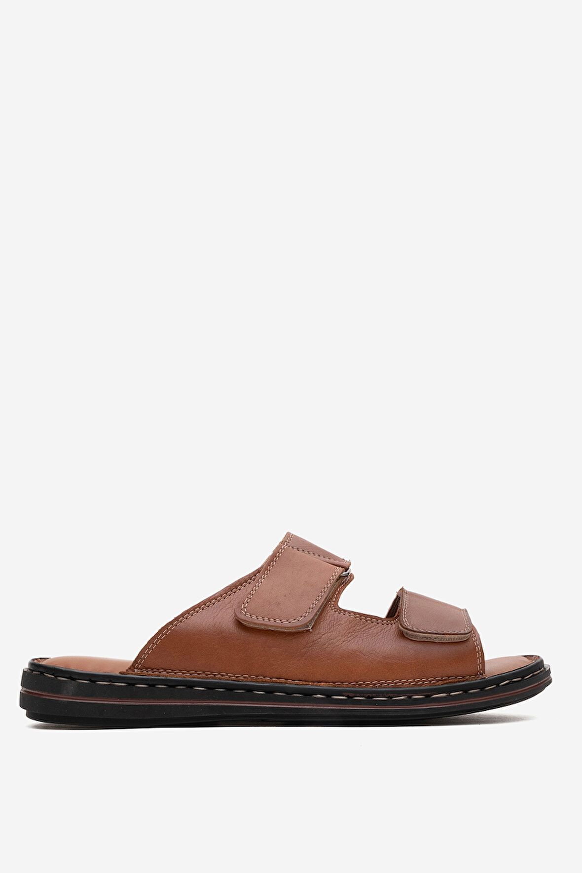 DERİCLUB Erkek Çift Bantlı Terlik Gerçek Deri DC 1182 TABA