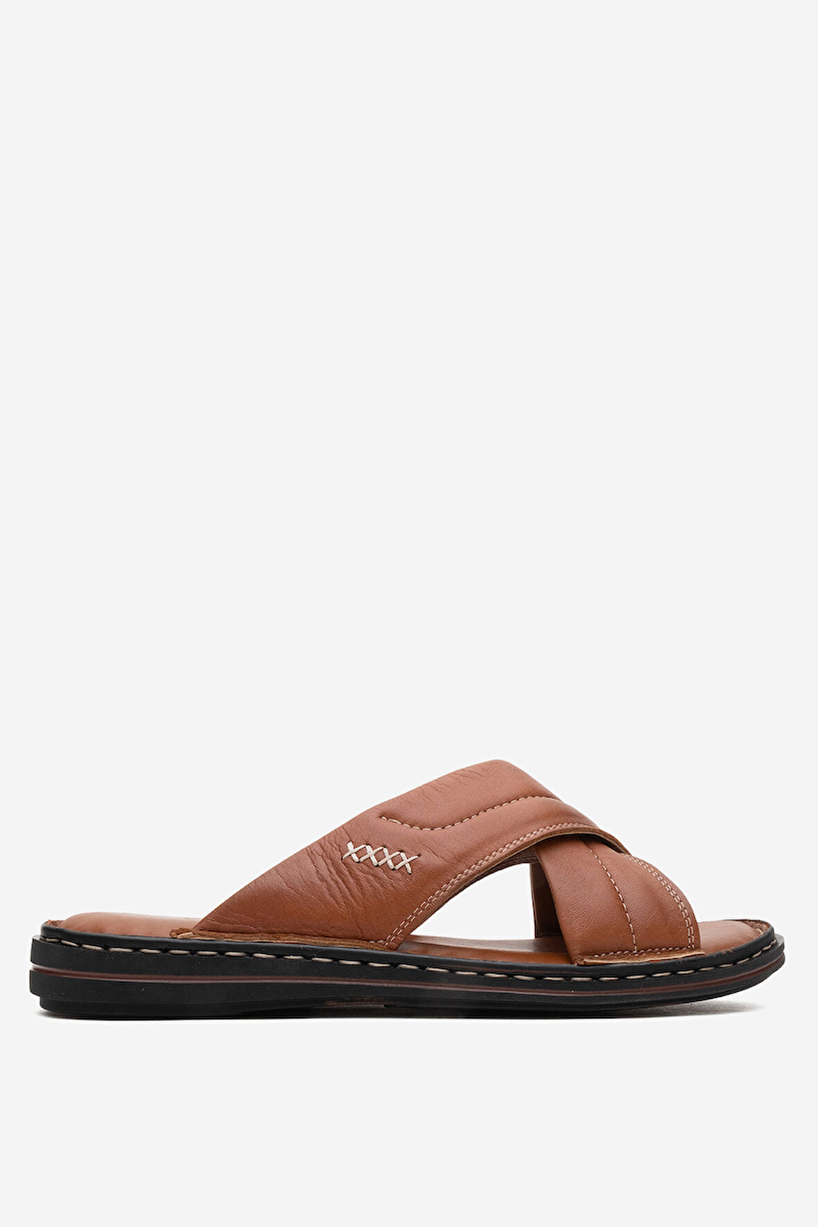 DERİCLUB Erkek Çapraz Bantlı Terlik Gerçek Deri DC 1170 TABA