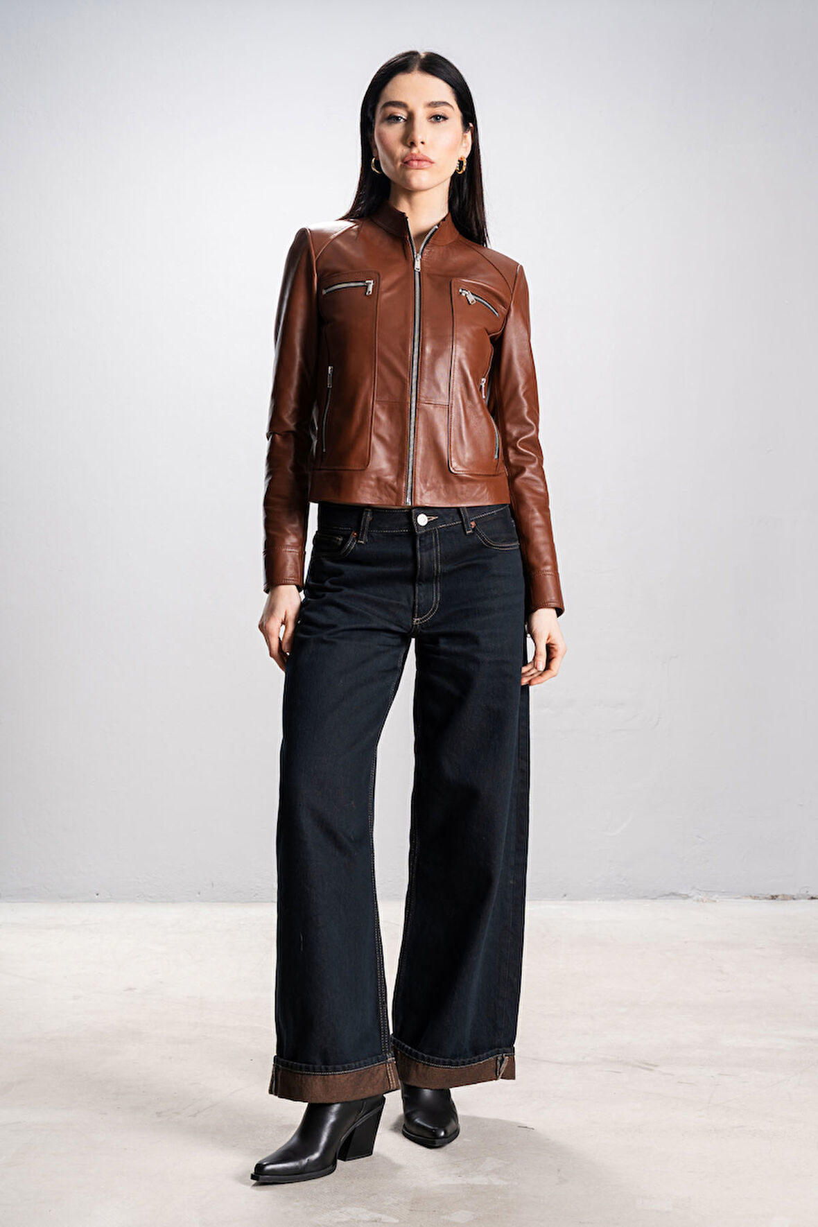 DERİCLUB Rania Kadın Dik Yaka Slimfit Gerçek Deri Mont KANYAK