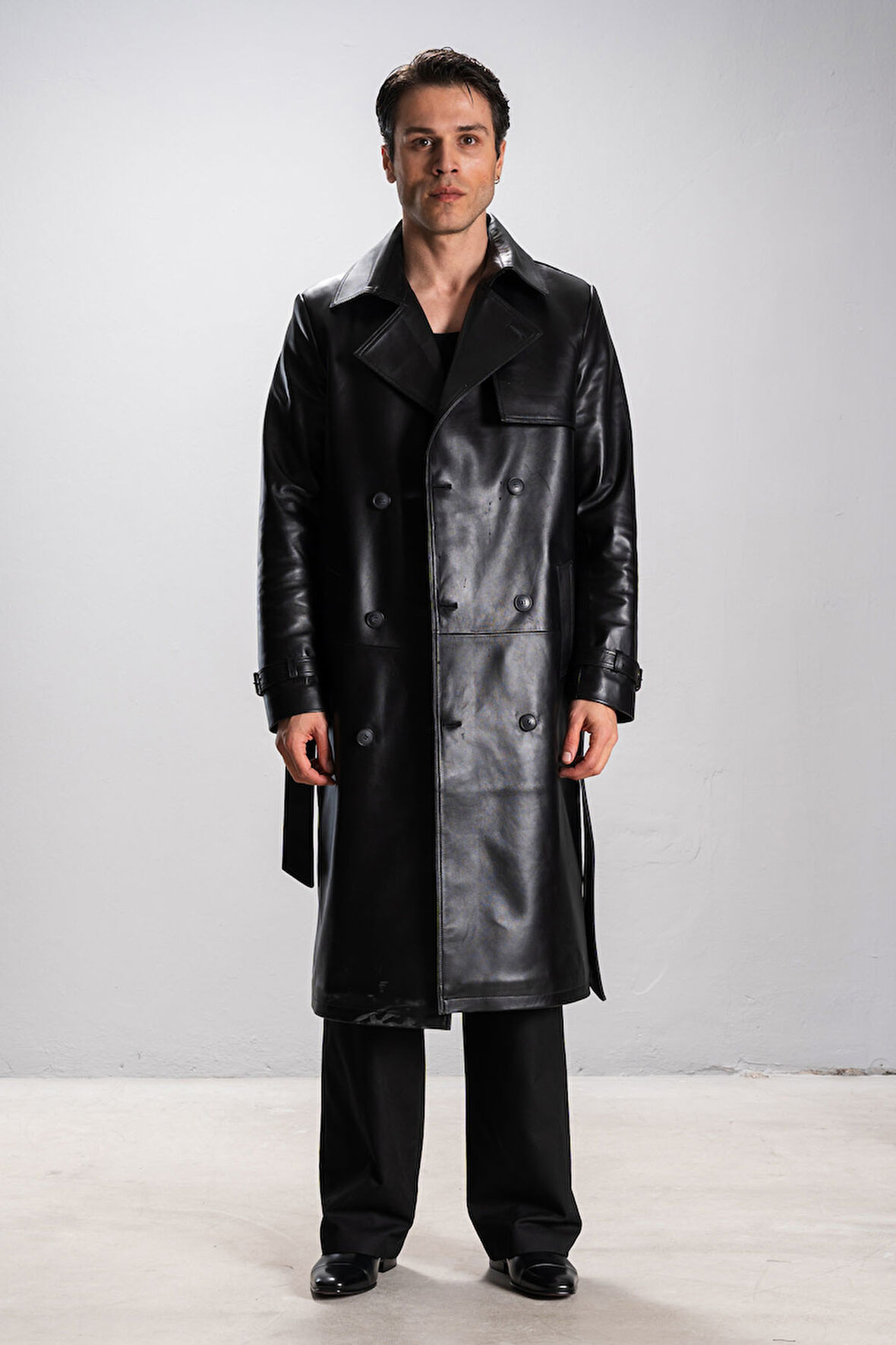 DERİCLUB Harvard Erkek Pelerinli Gerçek Deri Trençkot SİYAH