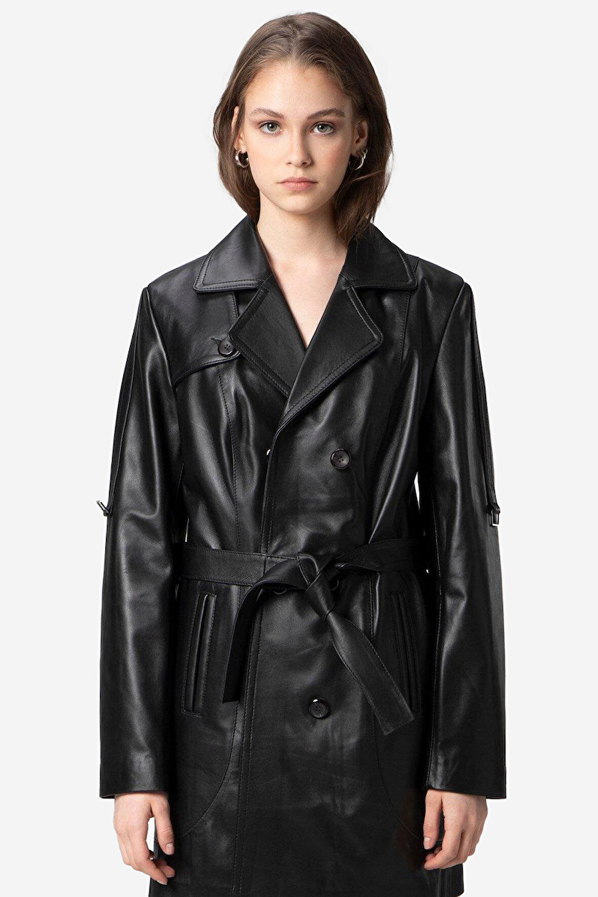 DERİCLUB Cosmos Kadın Düğmeli Kruvaze Yaka Hakiki Deri Trençkot SİYAH