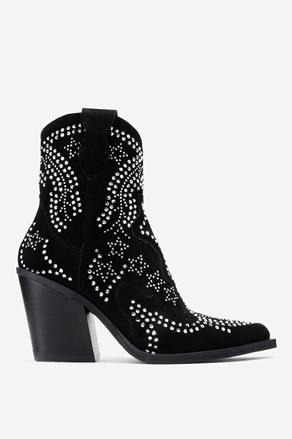 DERİCLUB Kadın Taşlı Kalın Taban Western Bot Gerçek Süet Deri ZY 1610 SİYAH