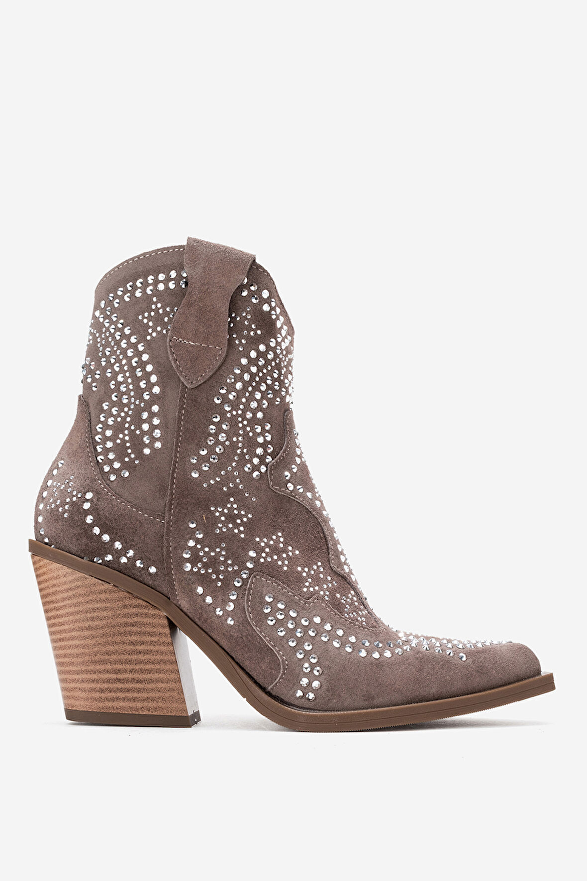 DERİCLUB Kadın Taşlı Kalın Taban Western Bot Gerçek Süet Deri ZY 1610 VİZON