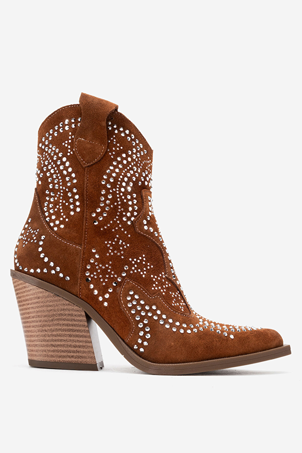 DERİCLUB Kadın Taşlı Kalın Taban Western Bot Gerçek Süet Deri ZY 1610 TABA