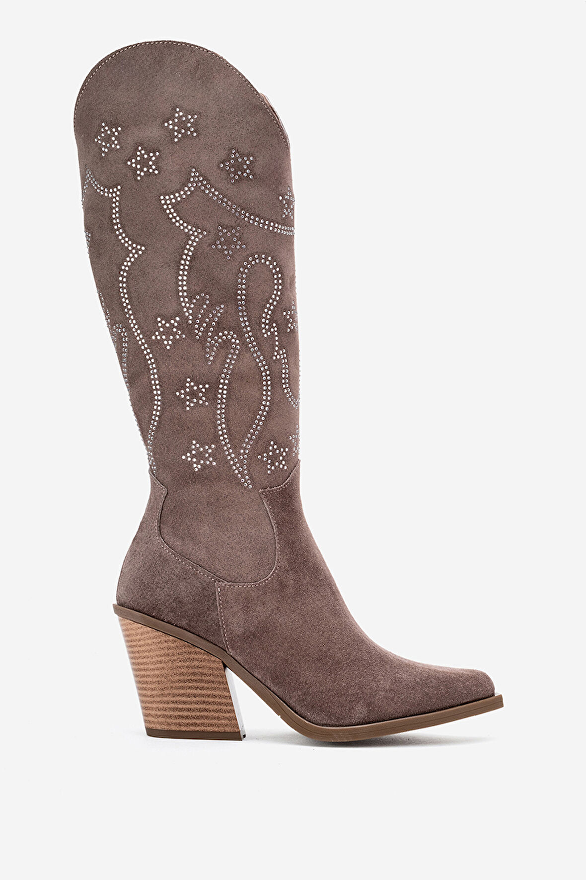 DERİCLUB Kadın Yüksek Topuk Sivri Burun Çizme Gerçek Süet Deri ZY 1609 VİZON