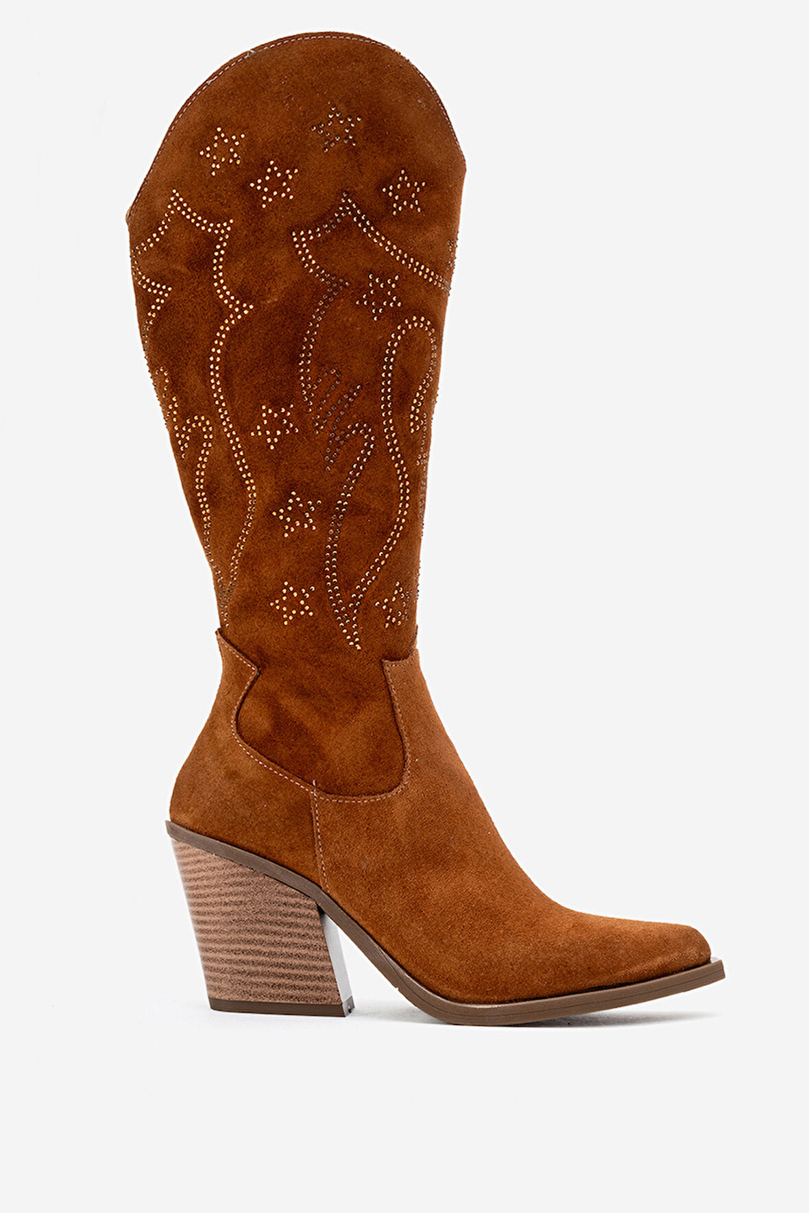 DERİCLUB Kadın Yüksek Topuk Sivri Burun Çizme Gerçek Süet Deri ZY 1609 TABA