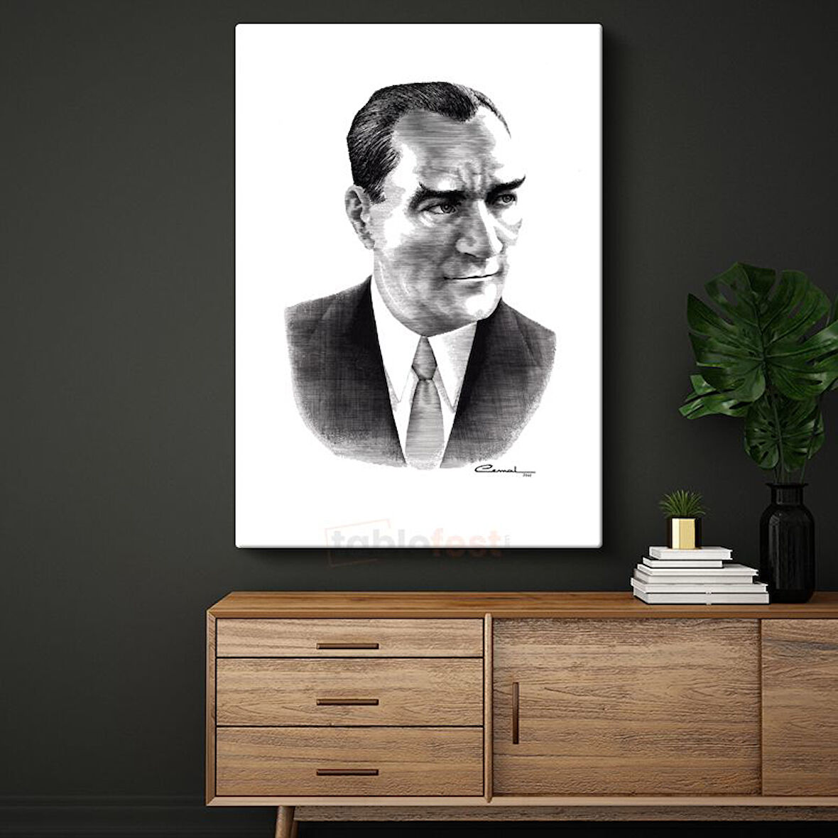 Karakalem Atatürk - İmzalı Portre Kanvas Tablo