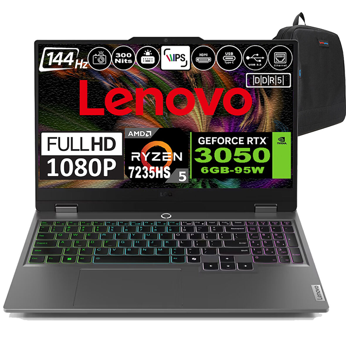 Lenovo Loq 15ARP9 Amd Ryzen 5 7235HS Ddr5 16GB 512GB SSD RTX3050-6GB 300NITS 15.6" 144Hz Fhd Windows 11 Home Taşınabilir Bilgisayar 83JC000PTRH01 + Zetta Çanta