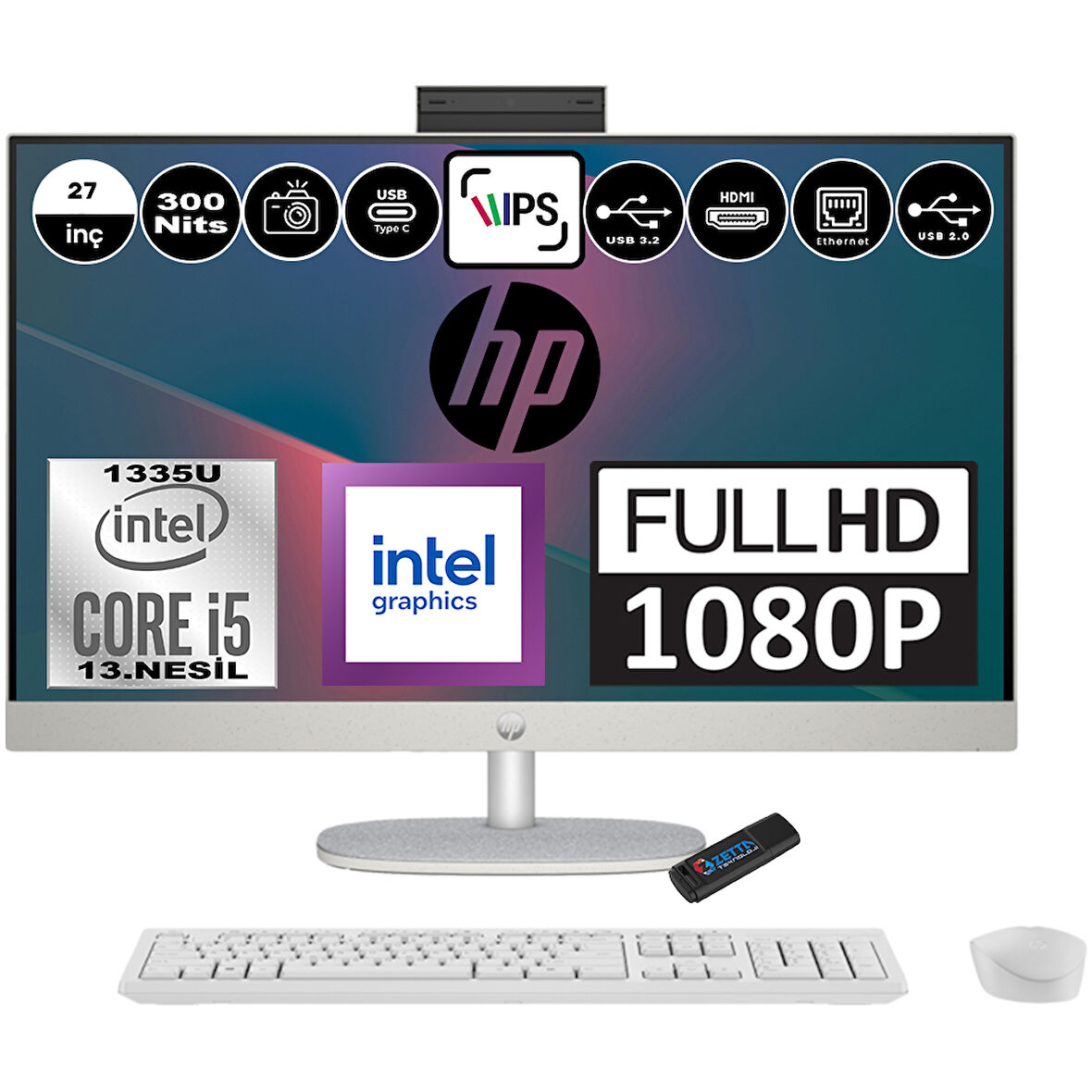 Hp 27-CR0009NT Intel Core I5 1335U 32GB 512GB SSD Freedos Intel Iris Xe Graphics 27 Inç IPS Fullhd All In One Bilgisayar 898B9EAF09+ Zetta Flash Bellek