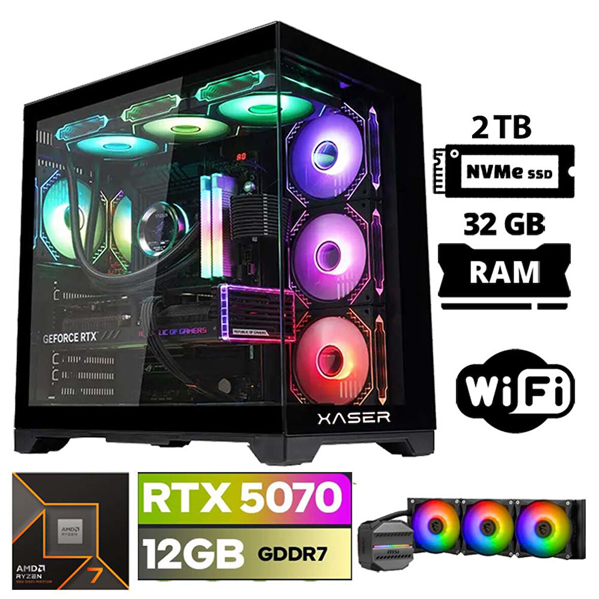 Xaser Lexus x140 Ryzen 7 9800X3D 32GB DDR5 Ram 2TB M.2 NVMe SSD 12GB RTX5070 Masaüstü Oyuncu Bilgisayarı