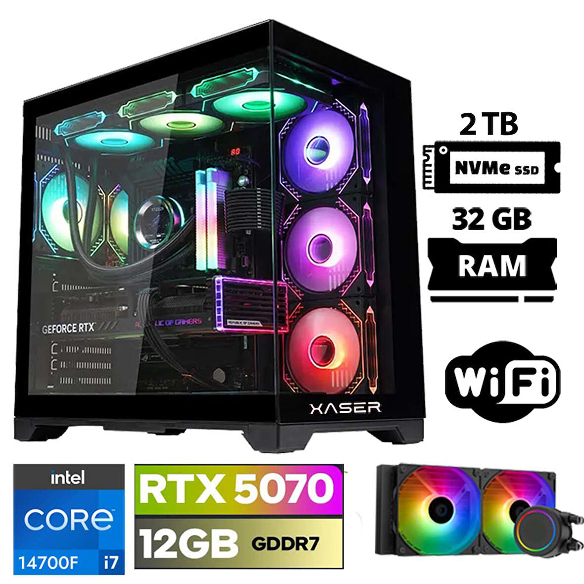 Xaser Lexus x130 i7 14700F 32GB DDR5 Ram 2TB M.2 NVMe SSD 12GB RTX5070 Sıvı Soğutmalı Oyuncu Bilgisayarı