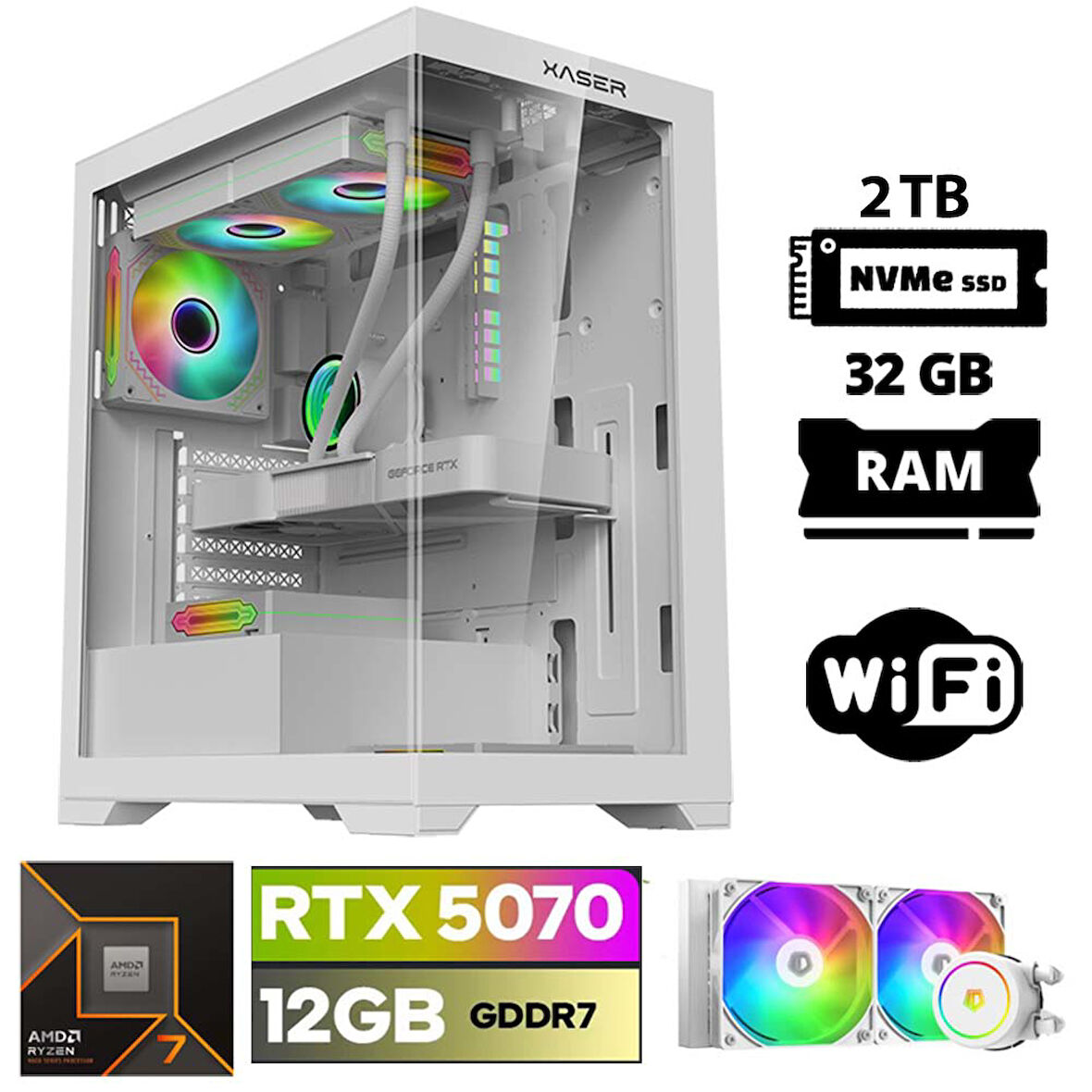 Xaser Lexus x110 Ryzen 7 7700 32GB DDR5 Ram 2TB M.2 NVMe SSD 12GB RTX5070 Sıvı Soğutmalı Oyuncu Bilgisayarı