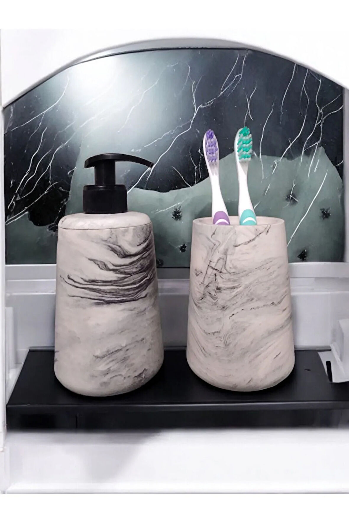 Mermer Desenli Gri Beton Banyo Seti Sıvı Sabunluk Aksesuar Takım