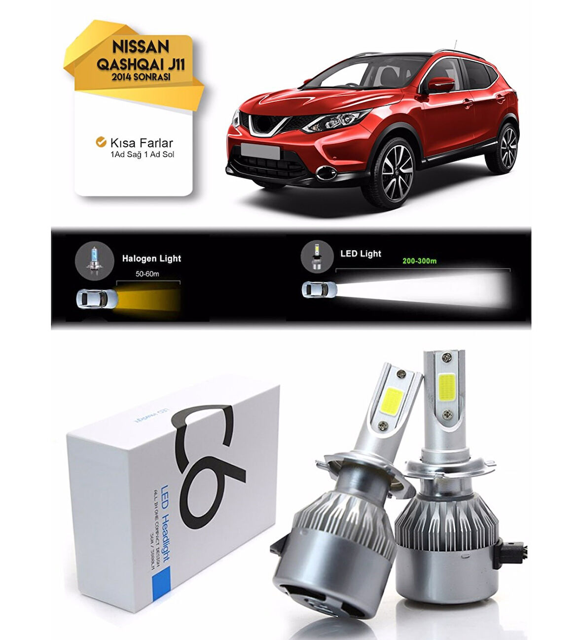 Nissan Qashqai J11 Kısa Far Led Xenon Şimşek Etkili 2014 Üzeri