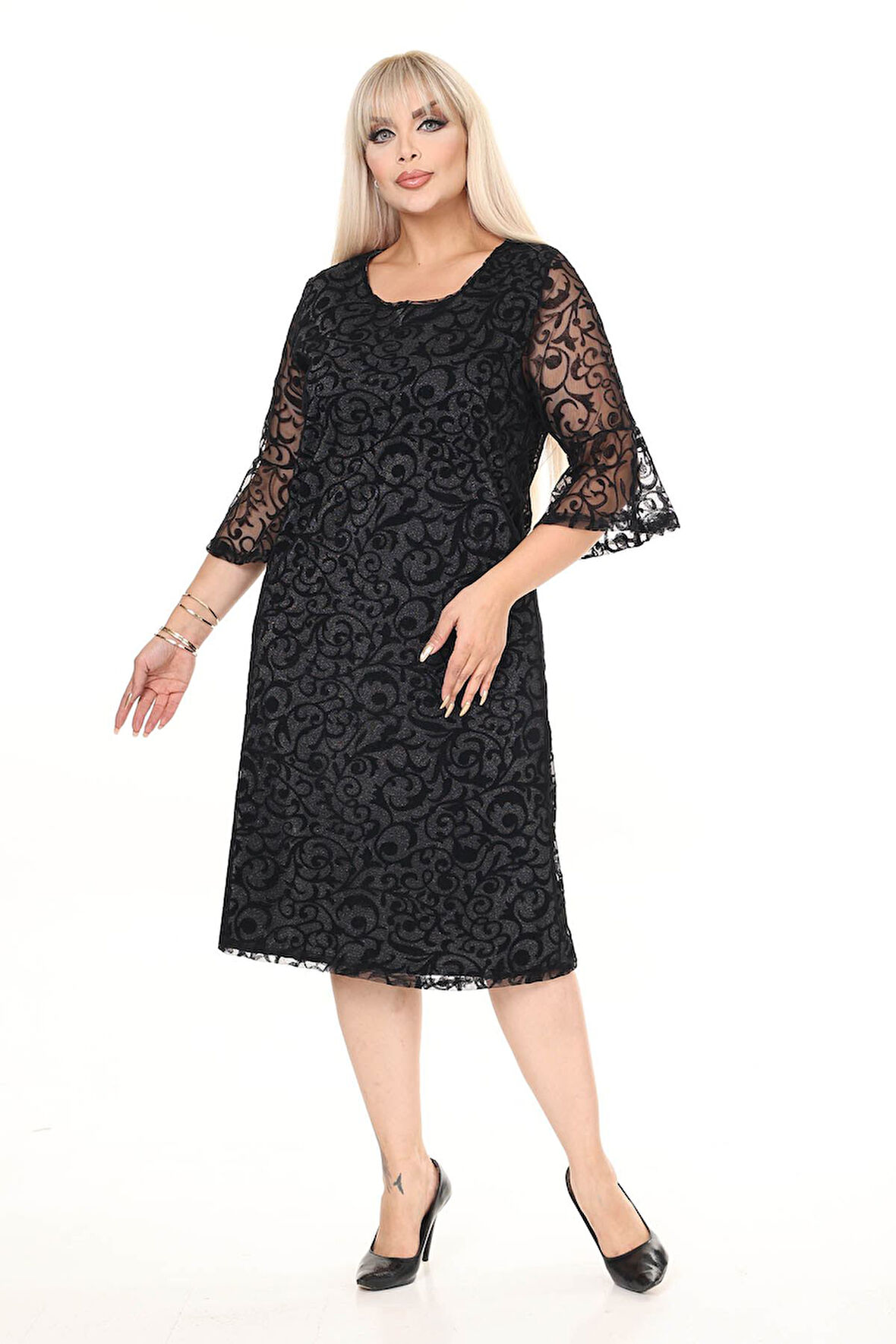 İspanyol Kol Büyük Beden Astarı Sim Detaylı Elbise 45A-2698