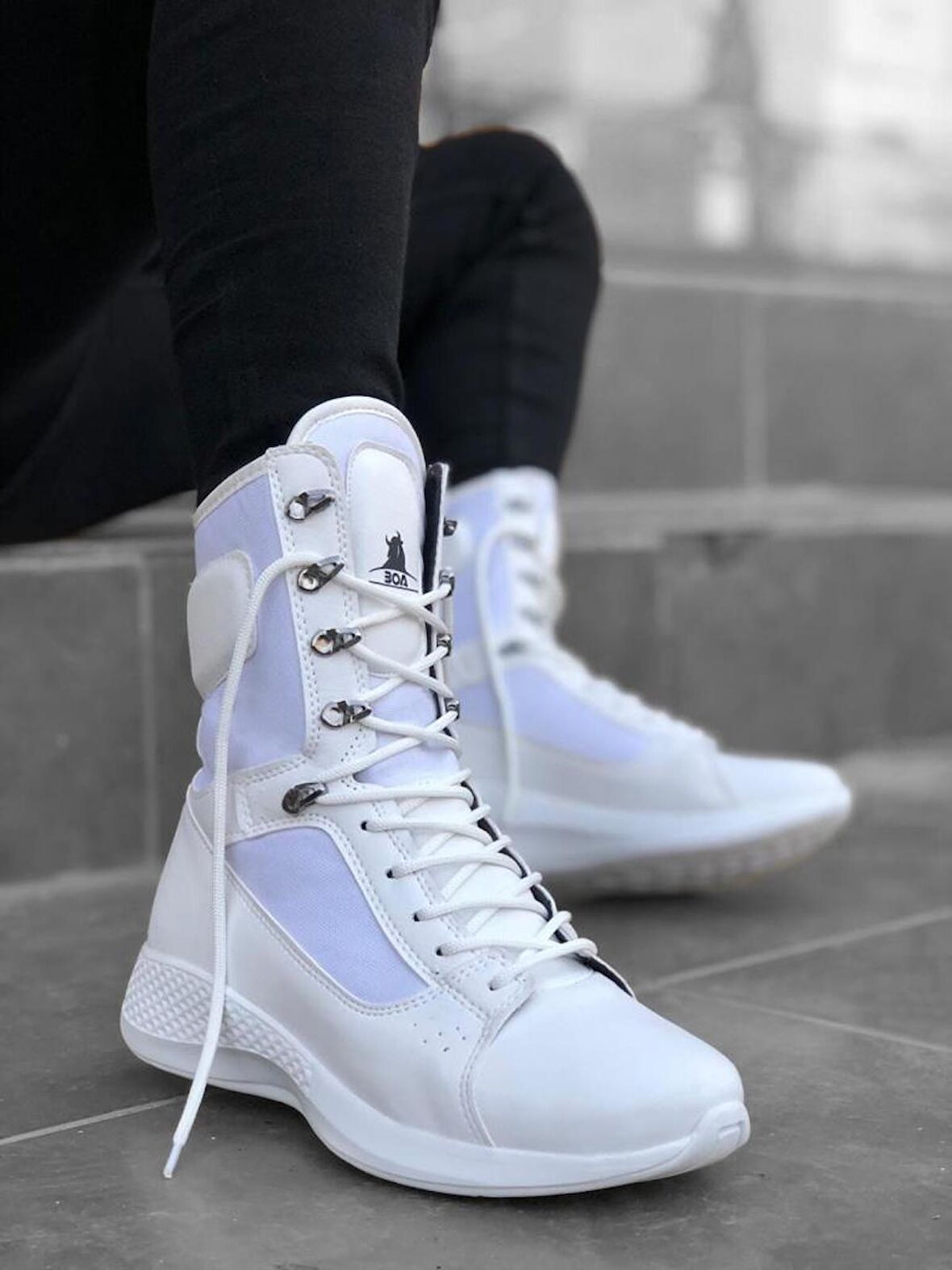 BA0600 Bağcıklı Beyaz Yüksek Taban Boksör Unisex Spor Postal Bot