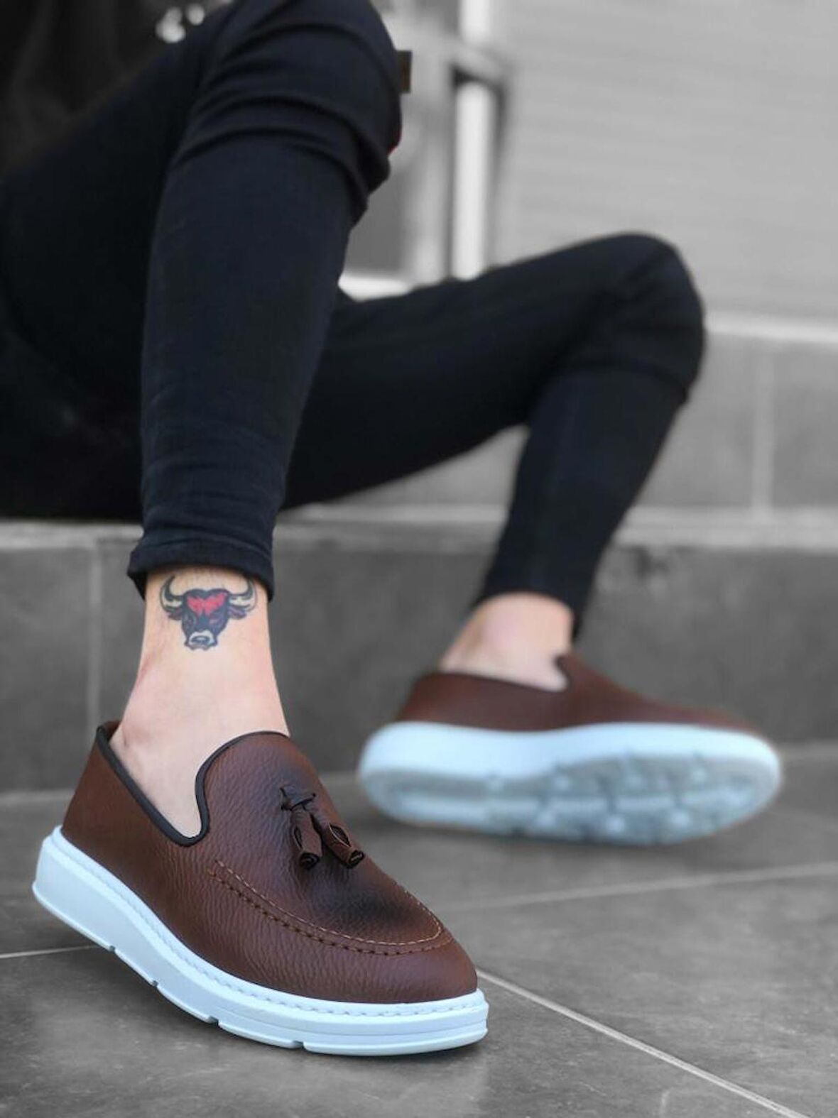 BA0005 Bağcıksız Yüksek Taban Taba Beyaz Klasik Püsküllü Corcik Erkek Ayakkabı