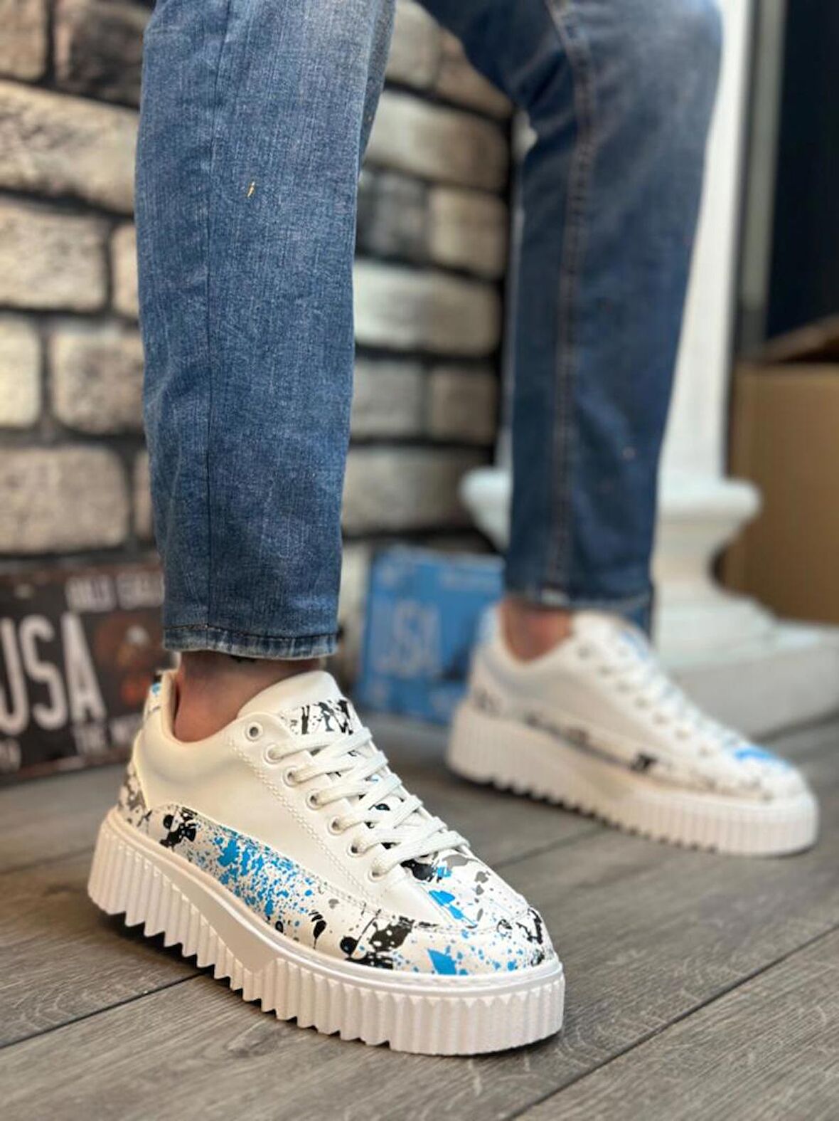 Yüksek Taban Mavi Desenli Erkek Spor Ayakkabı