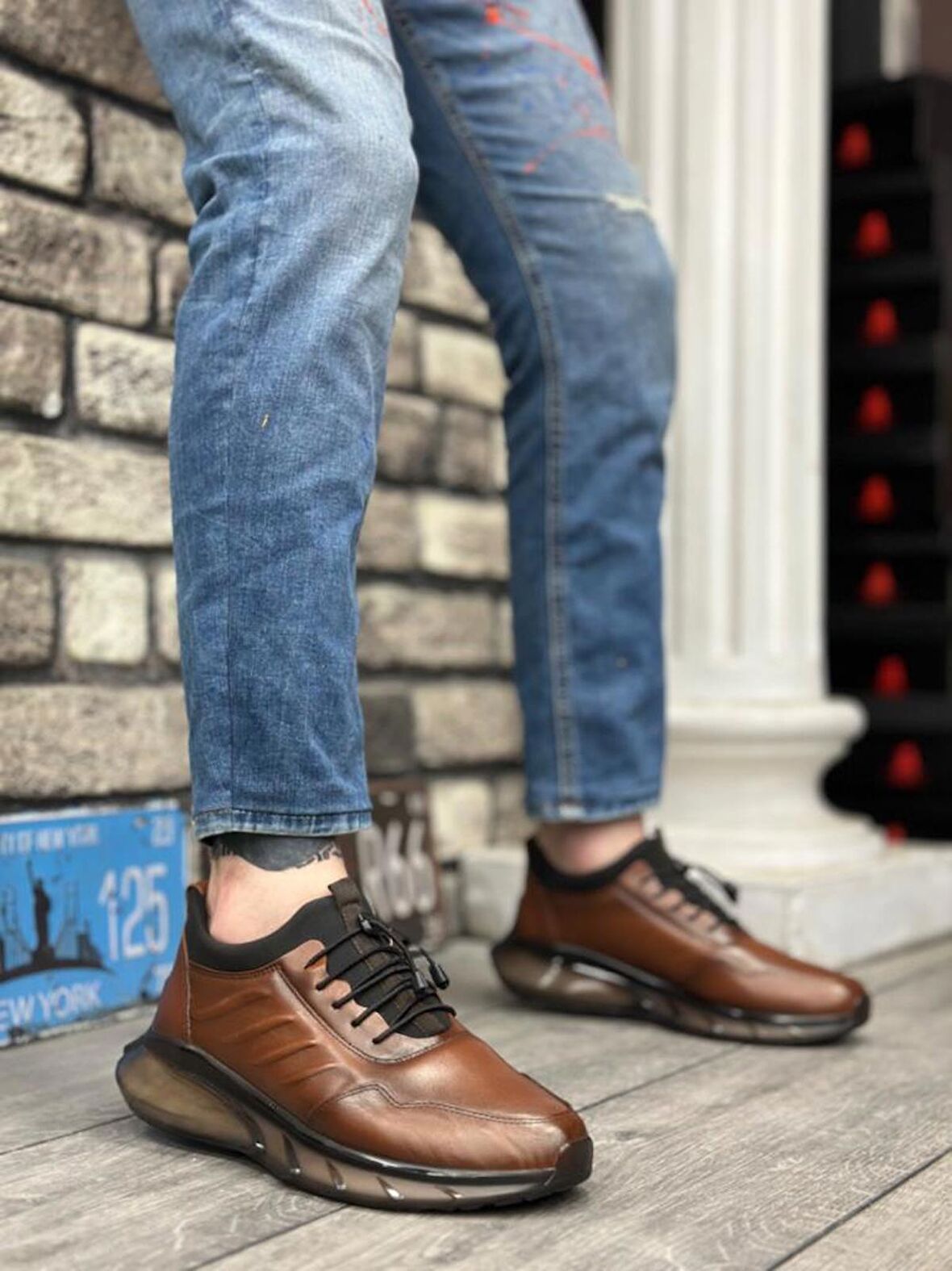 BA0345 Hakiki Deri Rahat Taban Ayarlanabilir Lastik Bağcıklı Desenli Taba Casual Erkek Ayakkabı