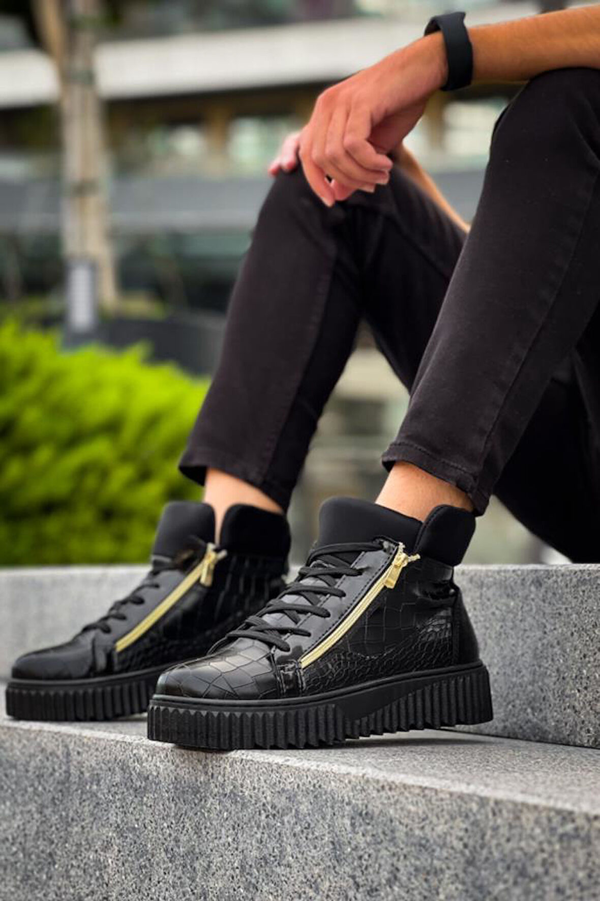 Yüksek Siyah Taban Çift Fermuarlı Siyah Erkek Spor Bot