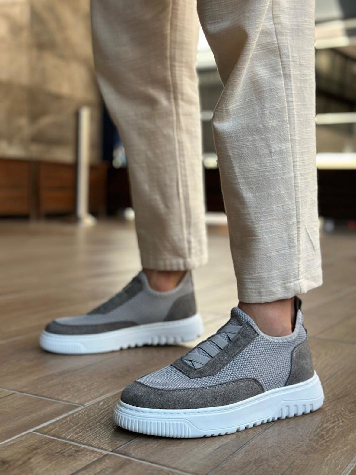 BA0911 Özel Örme Triko Deri Tozu Detaylı Gri Günlük Spor Ayakkabı