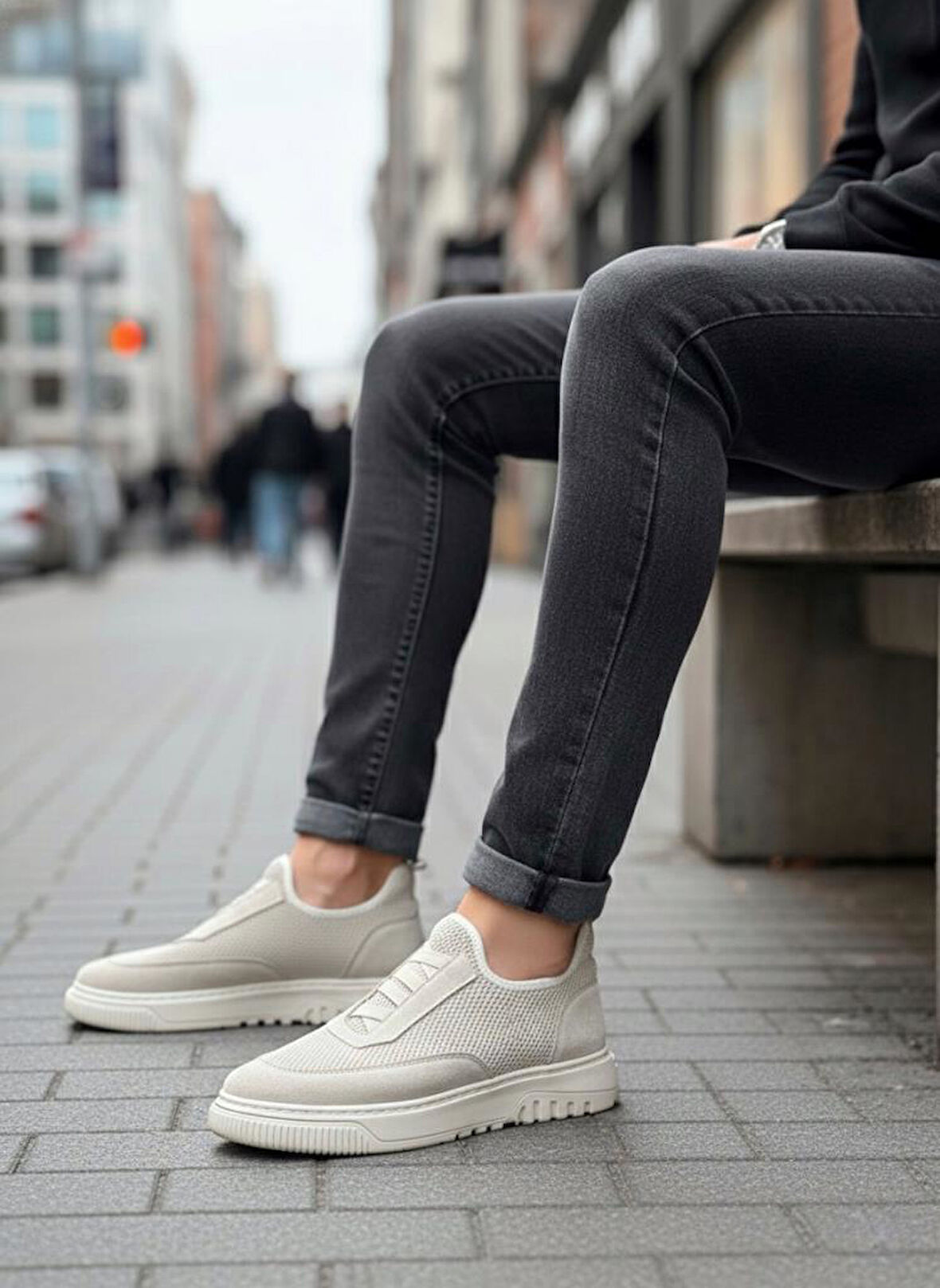 BA0911 Özel Örme Triko Deri Tozu Detaylı Bej Günlük Spor Ayakkabı