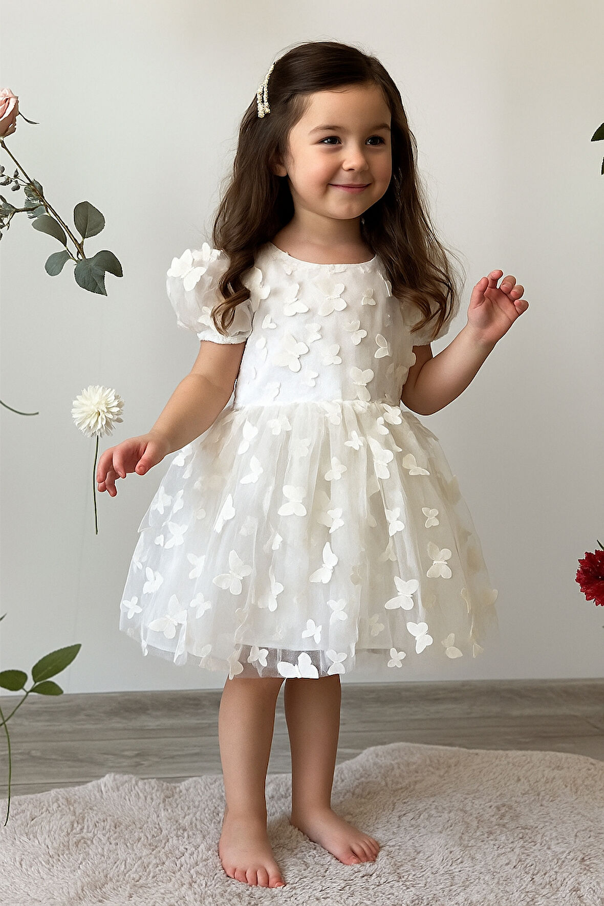 Kelebek Desenli Beyaz Renk Elbise Kısa Kollu Fiyonklu Doğum Günü Parti Düğün Özel Gün Tüllü Astarlı Prenses Parti Elbise 