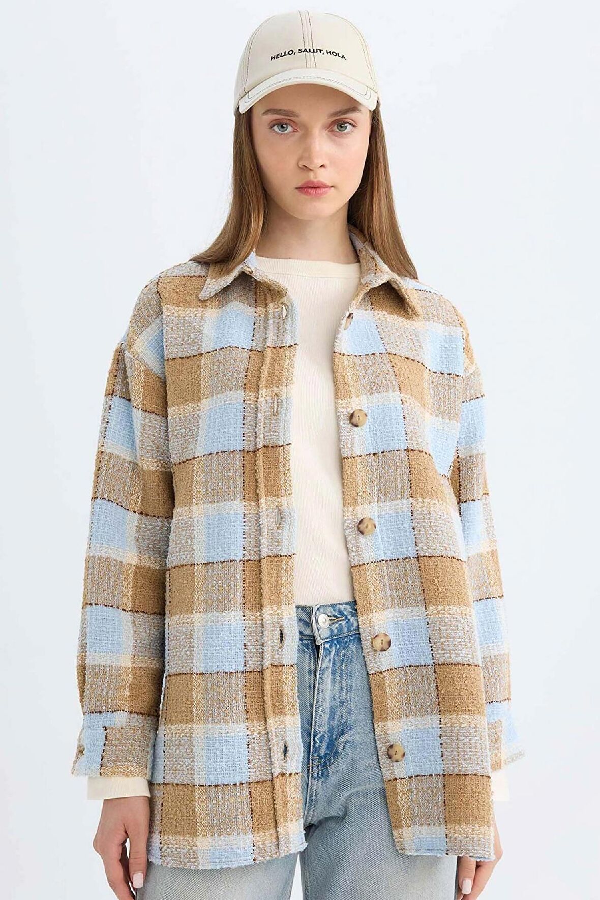 DeFacto Relax Fit Gömlek Yaka Kareli Flanel Uzun Kollu Gömlek Tunik D4774AX24AUBE409