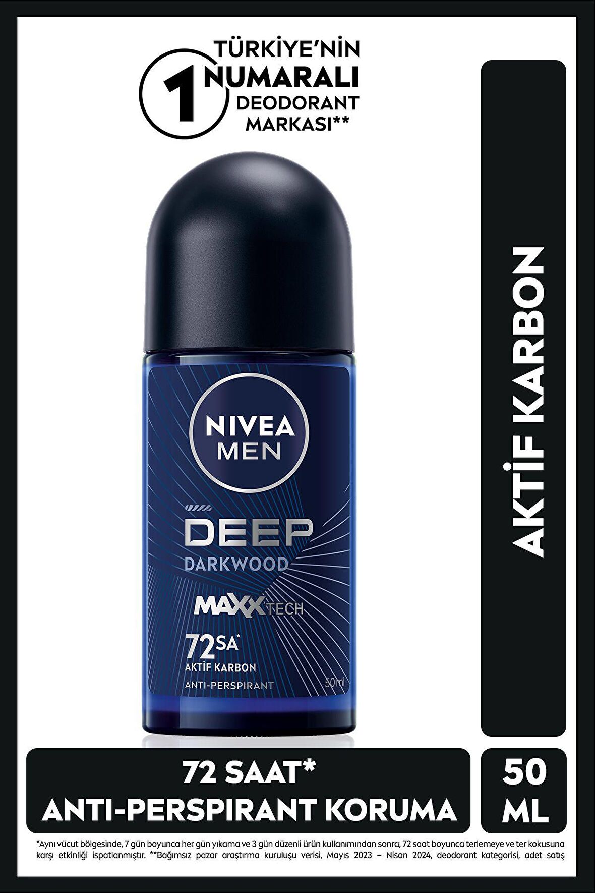 Nivea MEN Erkek Roll-on Deodorant Deep Dimension Aktif Karbon 50ml, 72 Saat Anti-perspirant Ter Koruması