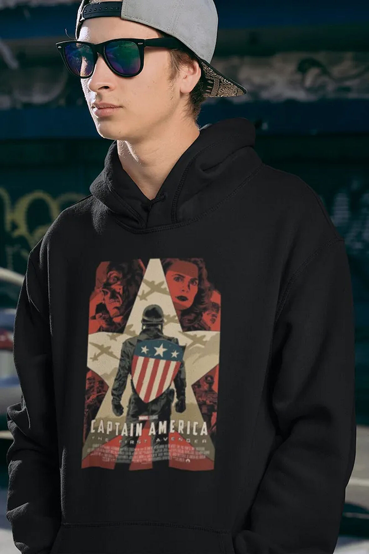 Kaptan Amerika Avengers Karakter Baskılı Unisex Oversize Hoodie