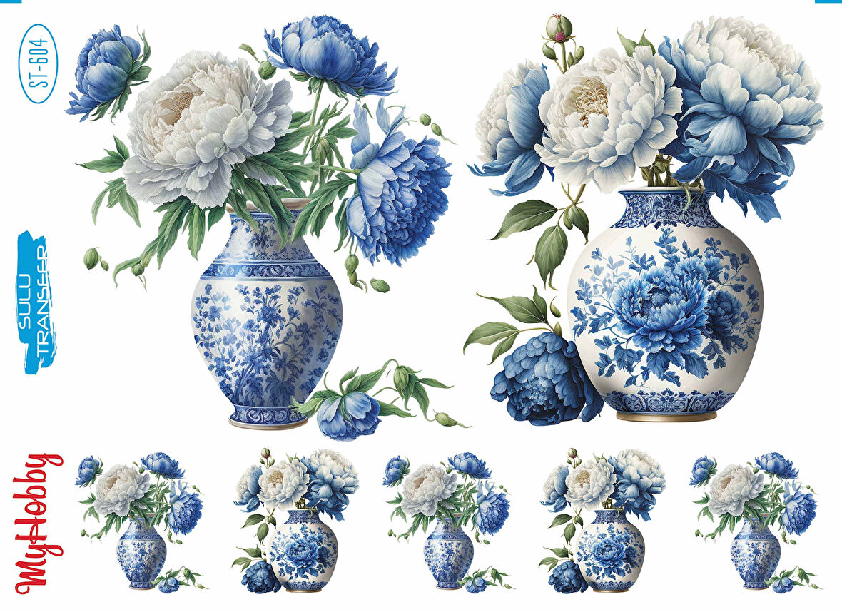 ST604 Vazoda Çiçekler, Mavi Tonları Açık Zemin Sulu Transfer 25*35 cm